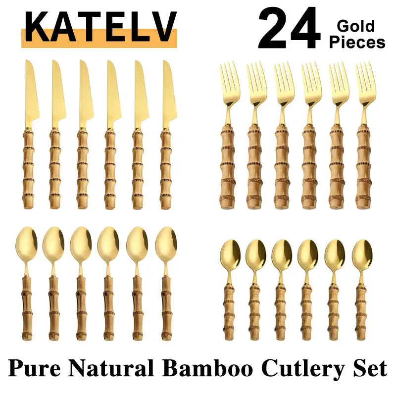 24Pcs Dinnerware Sets Original Nature Bamboo Handle Cutlery Stainless Steel Knife Fork Spoon Purely Natural Bamboo Tableware Set from PriceLows™