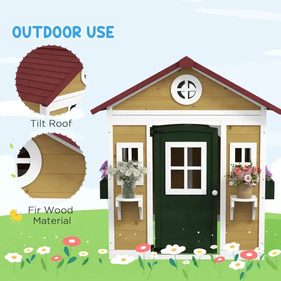 Wooden Playhouse for Outdoor Doors Windows Planter Pots Beige Toddlers 3-8 Years from PriceLows™