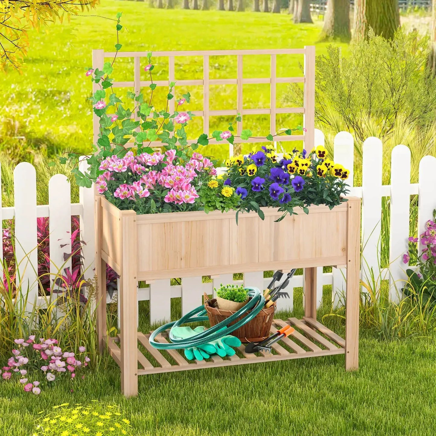 Raised Garden Bed Elevated Wooden Planter Box w/ Trellis & Open Storage Shelf from PriceLows™