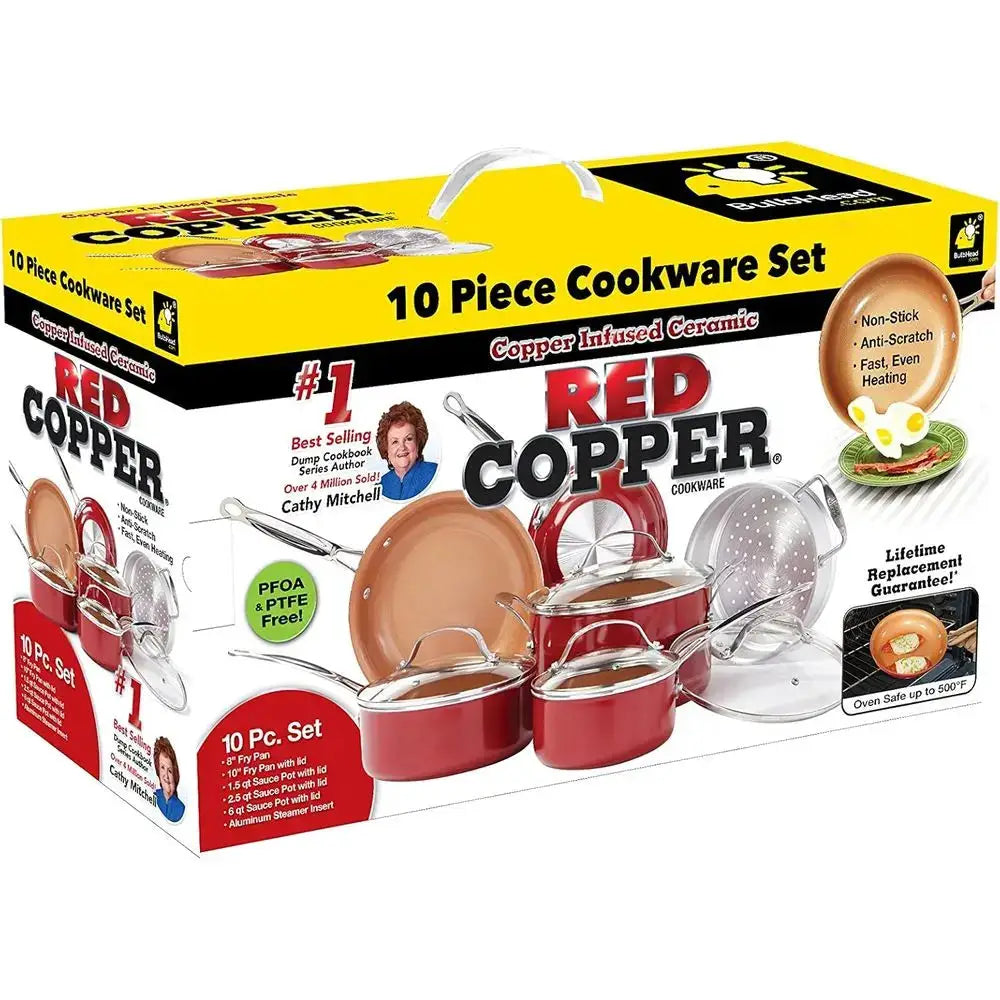 10 Pcs Red Copper Cookware Set Copper-Infused Ceramic Non-Stick Pots Pans Kitchen Cooking Tools from PriceLows™