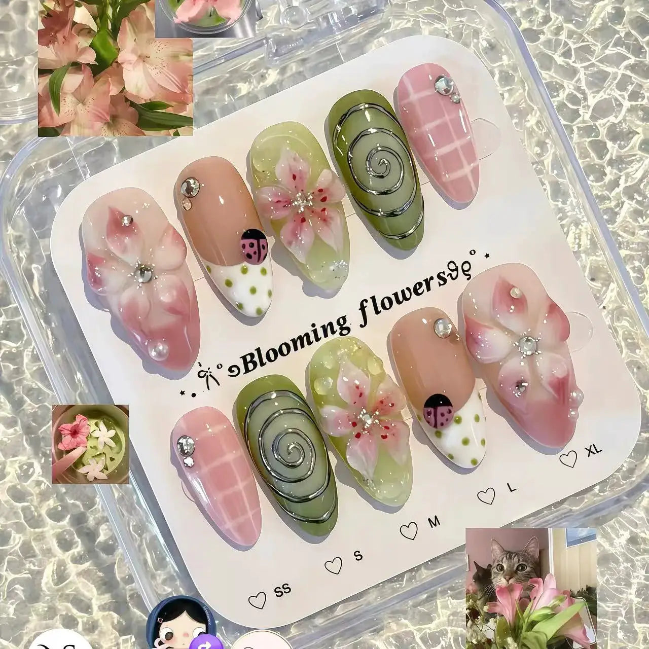 Press On Nails | Almond Shape | Green Lotus Frog Design | 24 Piece Kit