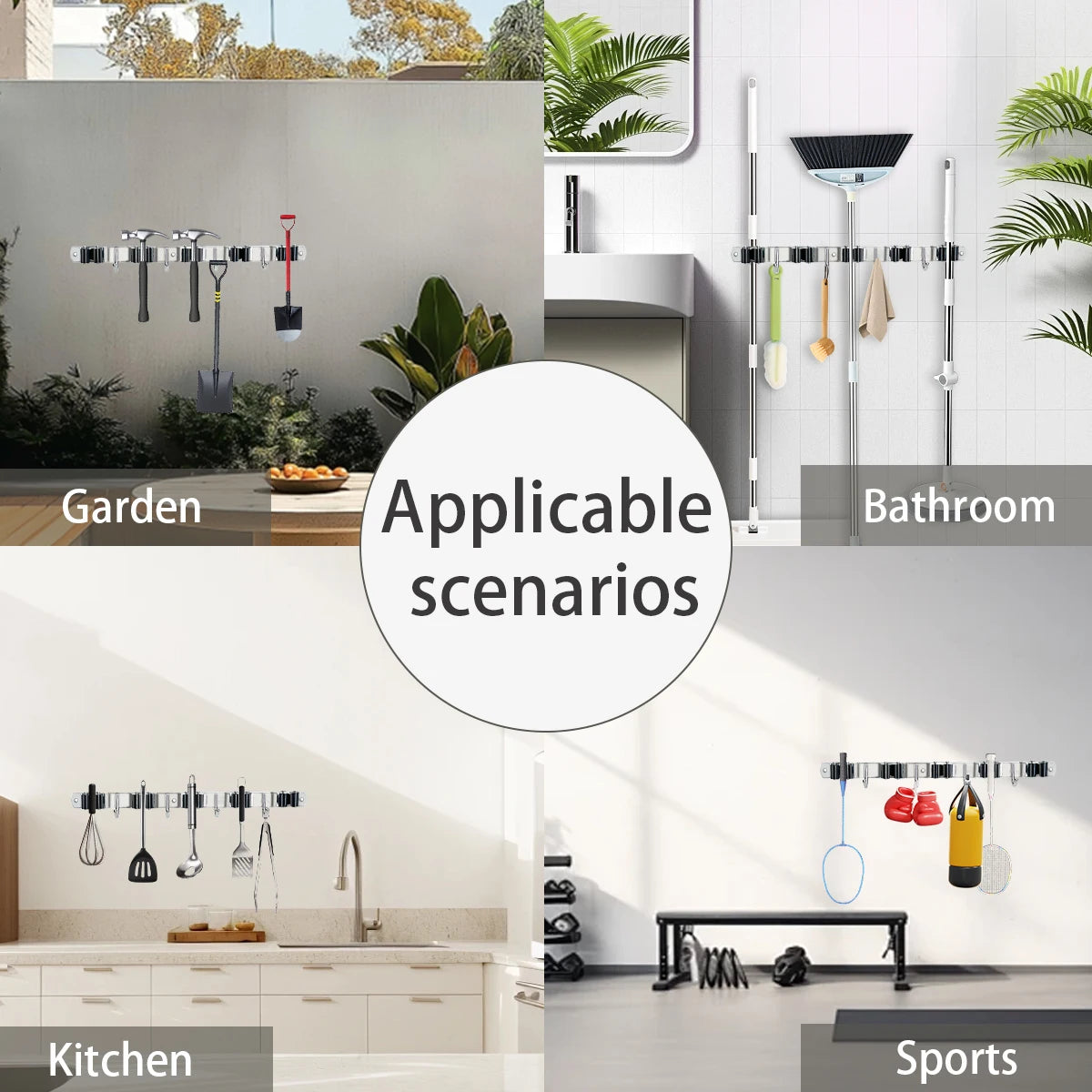 4-Hook Adhesive Broom Mop Organizer Stainless Steel Wall-Mounted Non-Slip Rack Storage Solution for Home Kitchen Garden Laundry from PriceLows™