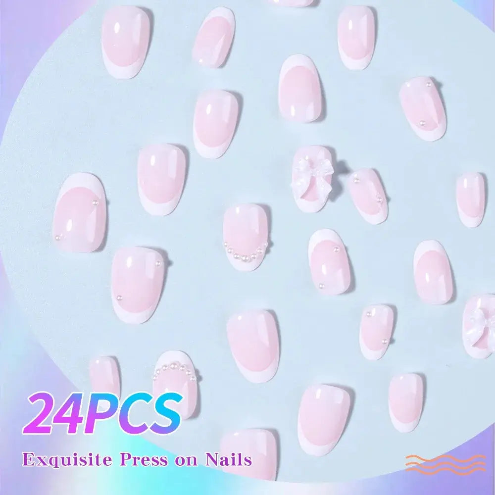 Press On Nails | Short Oval French Tip | 24 Pcs Self Adhesive | Pearl Bow