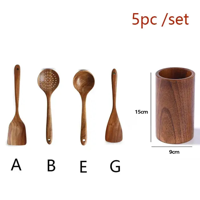 Natural Teak Cooking Spoon Scoop Kitchen Wooden Spatula Non-stick Utensils Set For Cooking With Hanging Hooks Cookware Tool from PriceLows™