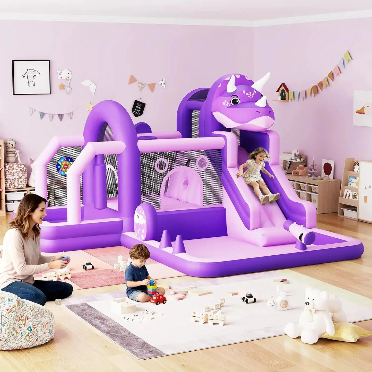 Large Inflatable Bounce House with Water Slide,Dinosaur Themed Jumping Castle for Kids Indoor/Outdoor Backyard,Fun-Quick Setup from PriceLows™
