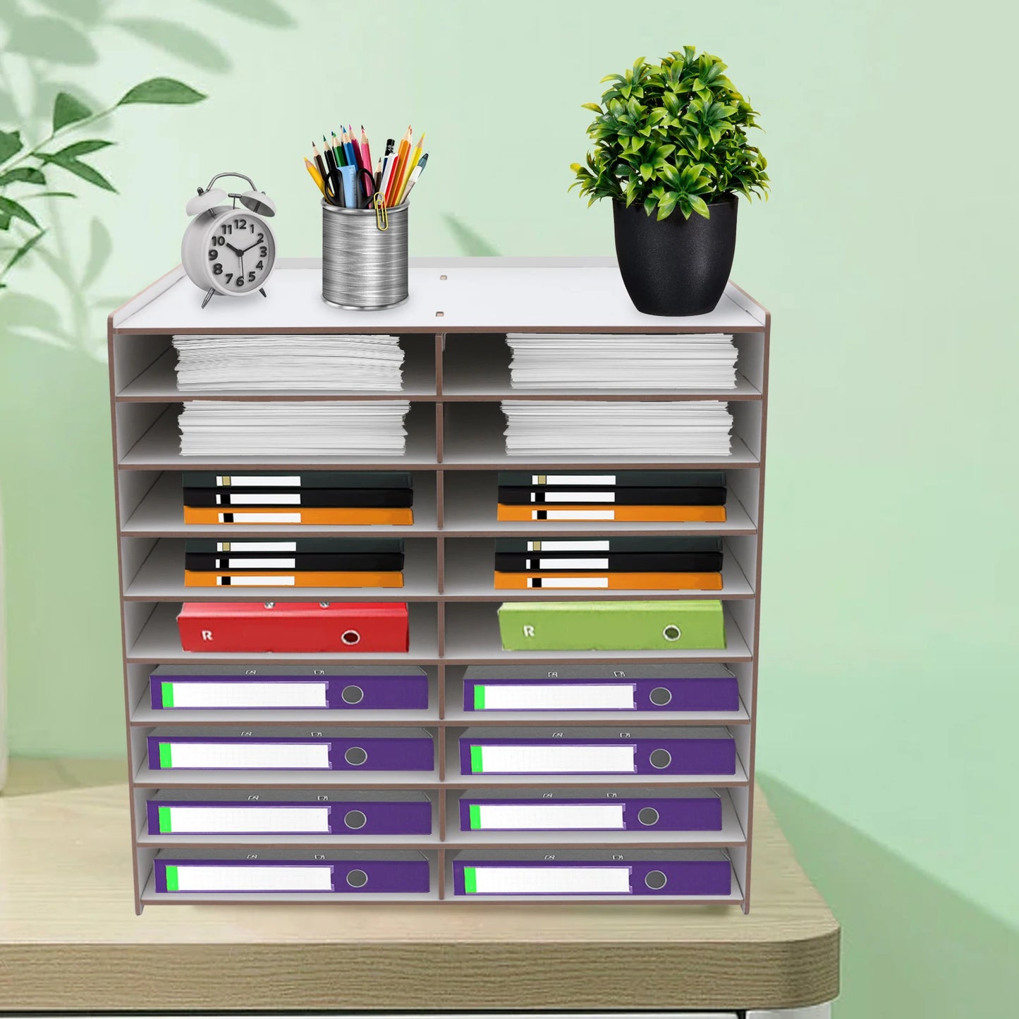 Wooden File Organizer | 18 Compartments | 9-Tier Desk Sorter | 51.8x33x49 cm