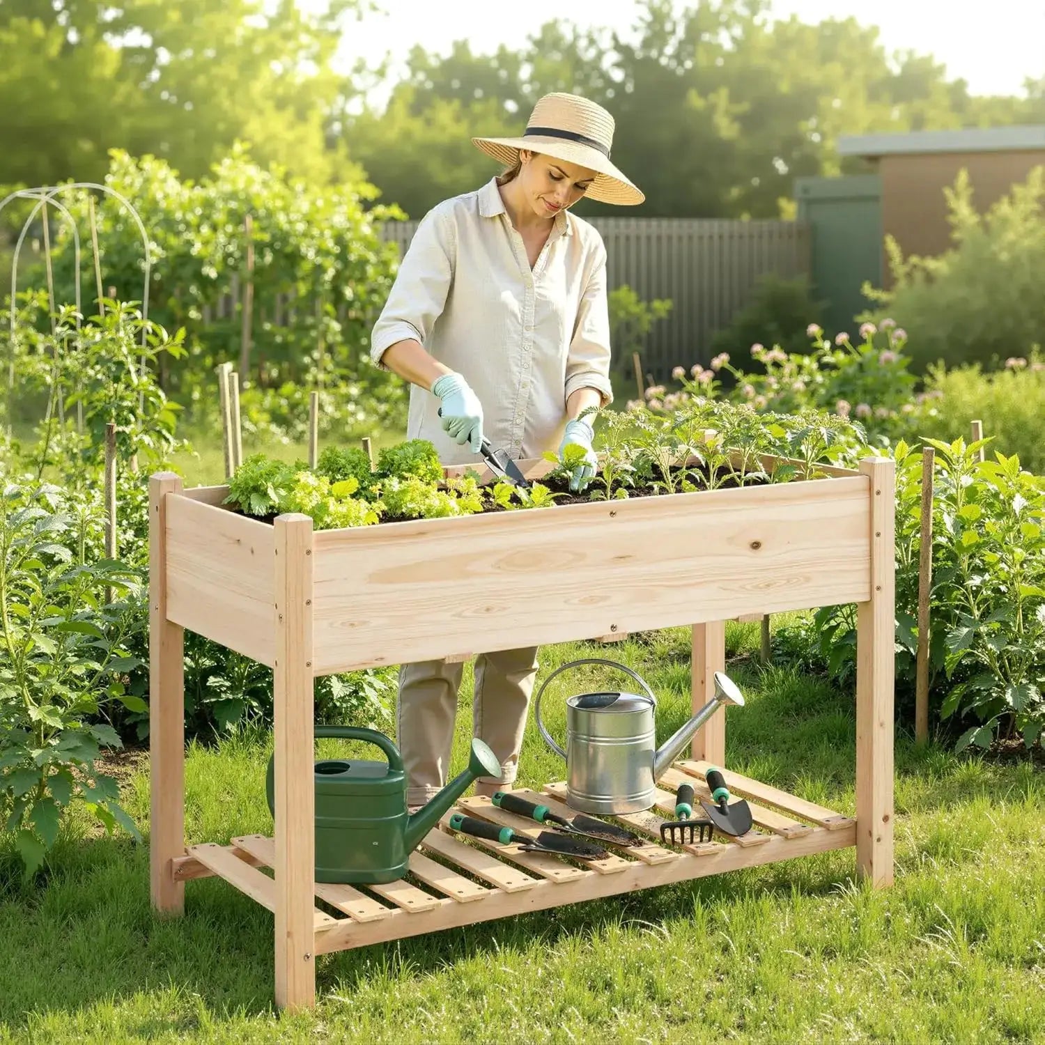 Wooden Raised Garden Bed with Legs & Shelf - 47x23x32in Elevated Planter Box for Vegetables, Flowers, Herbs, Patio, Backyard from PriceLows™