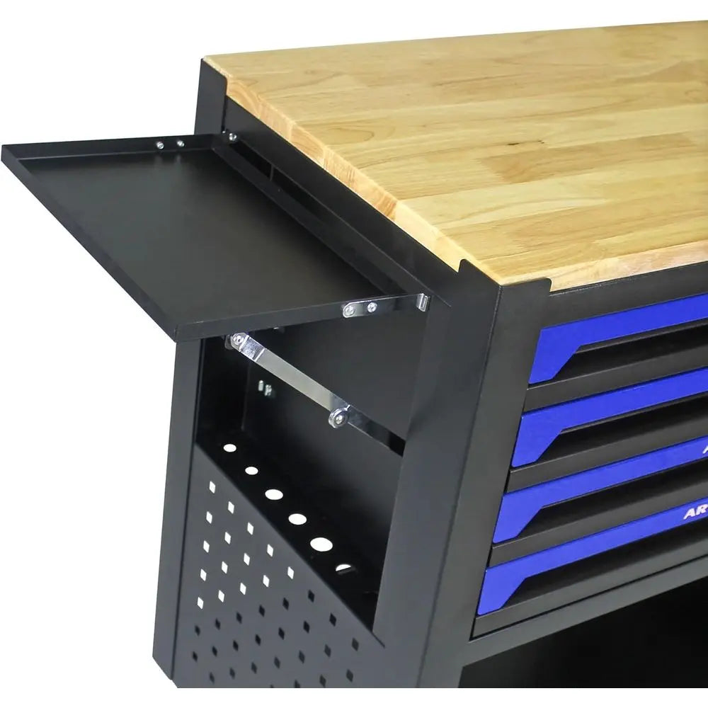 Portable 4-Drawer Rolling Tool Chest with Wooden Top, Blue Mechanic Workbench for Garage and Repair Shop Storage from PriceLows™