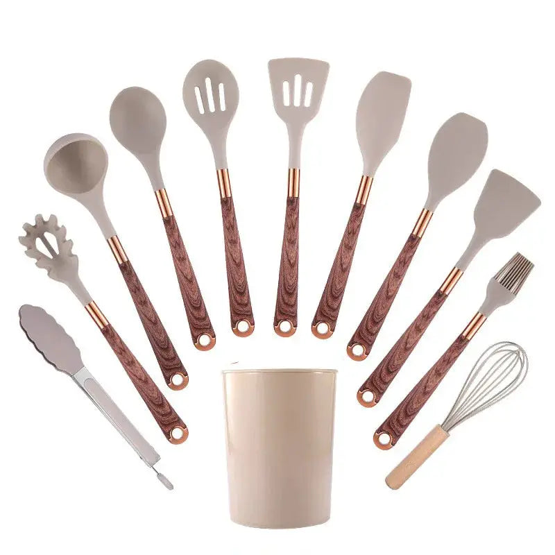 Silicone Wood Grain Kitchenware 11-piece Set Non-stick Pan, Spoon Set, Anti-scalding Wood Grain Handle Cooking Utensils from PriceLows™