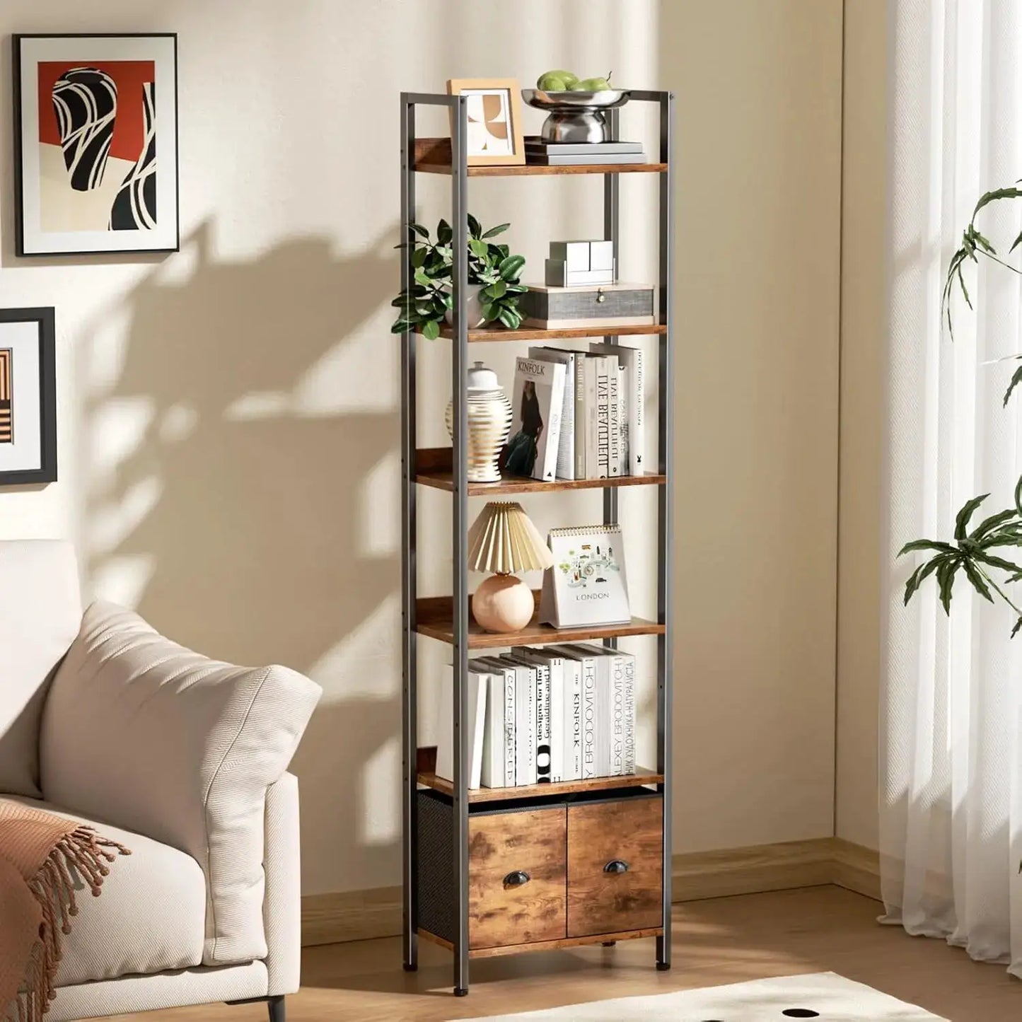 71" Rustic Brown 6-Tier Bookcase with 2 Drawers, Industrial Wood and Metal Storage Shelf for Home Office and Bedroom from PriceLows™