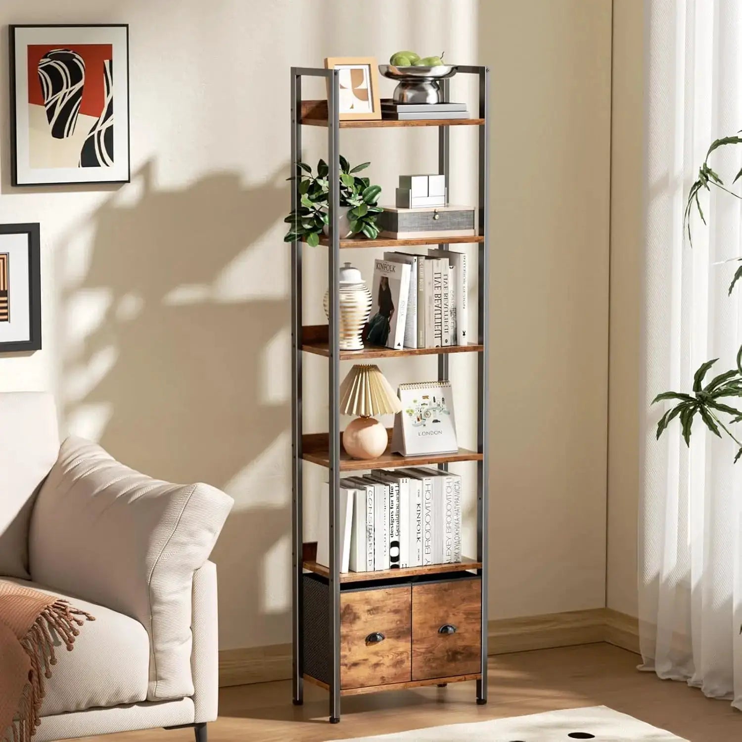 71" Rustic Brown 6-Tier Bookcase with 2 Drawers, Industrial Wood and Metal Storage Shelf for Home Office and Bedroom from PriceLows™