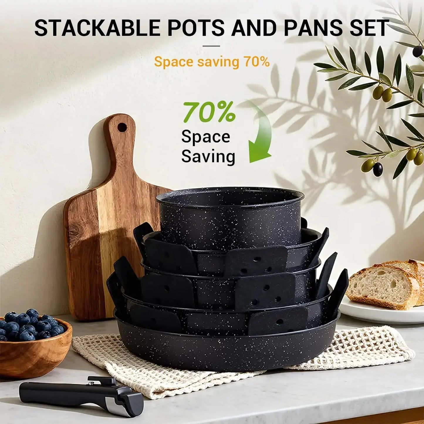 21-Piece Nonstick Pots and Pans Set, Ceramic Kitchen Cookware with Detachable Handle, Induction Ready, Dishwasher & Oven Safe, Black from PriceLows™