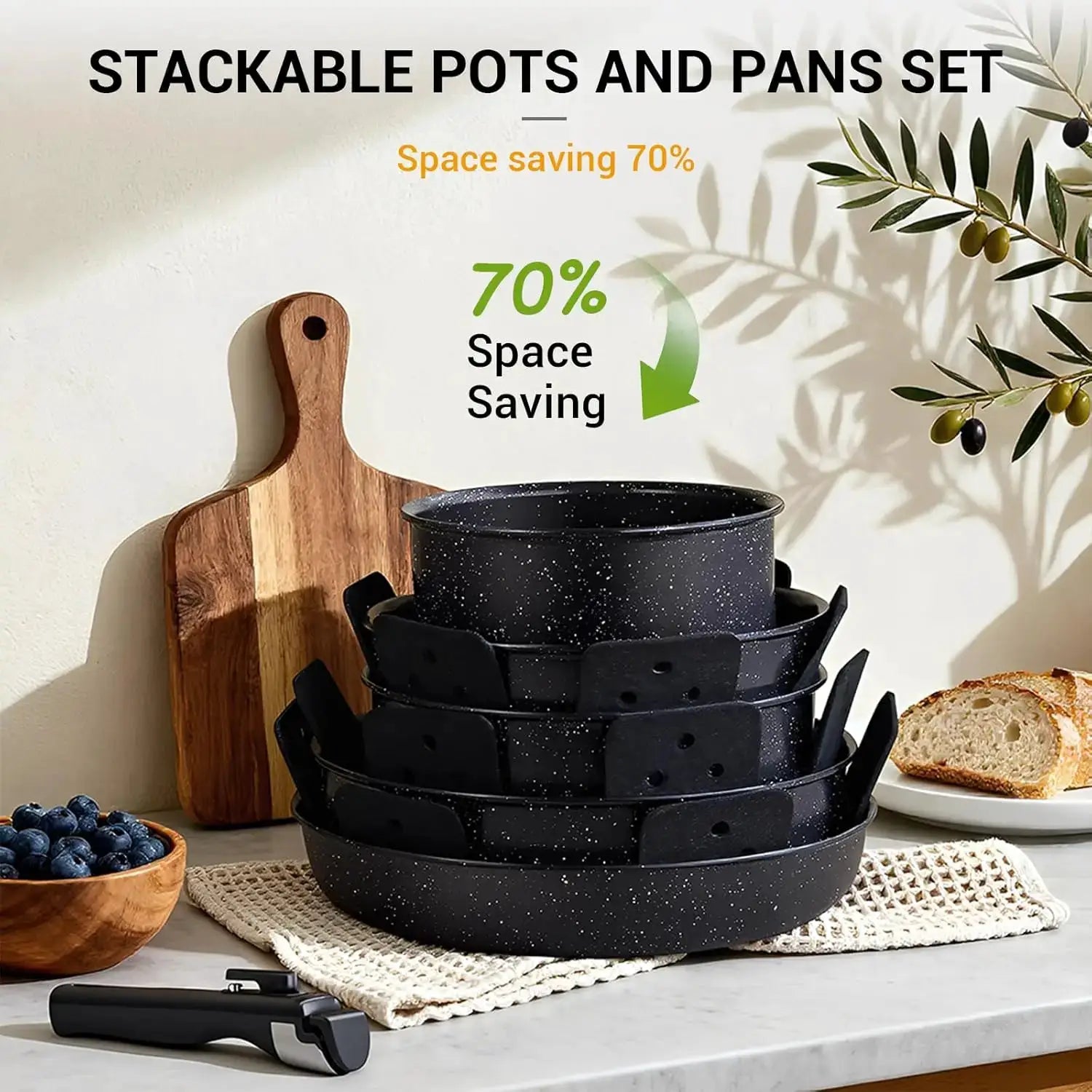 21-Piece Nonstick Pots and Pans Set, Ceramic Kitchen Cookware with Detachable Handle, Induction Ready, Dishwasher & Oven Safe, Black from PriceLows™