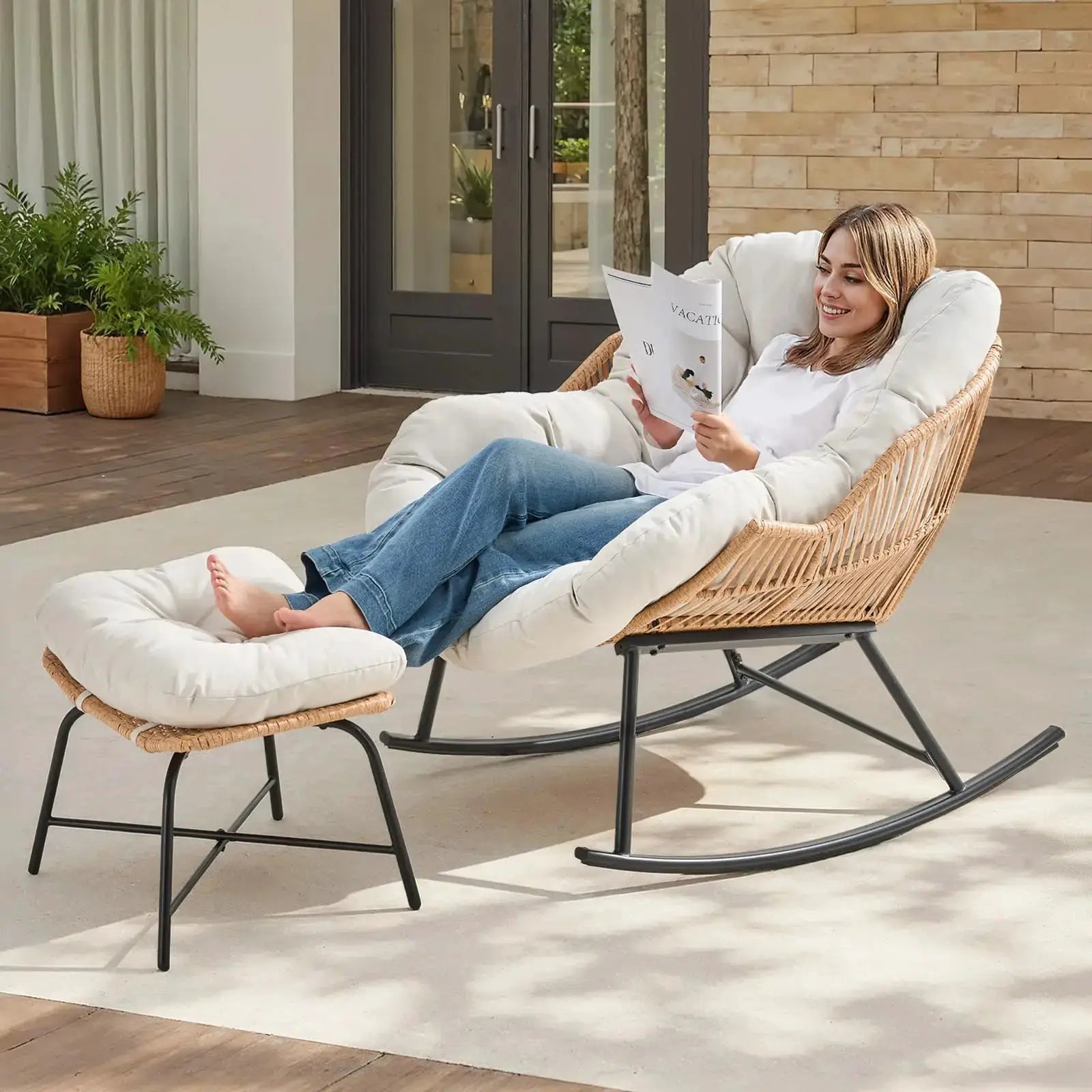 Grey Rattan Papasan Rocking Chair with Ottoman, Oversized Wicker Egg Patio Chair Indoor & Outdoor Lounge Rocker Chair for Garden from PriceLows™