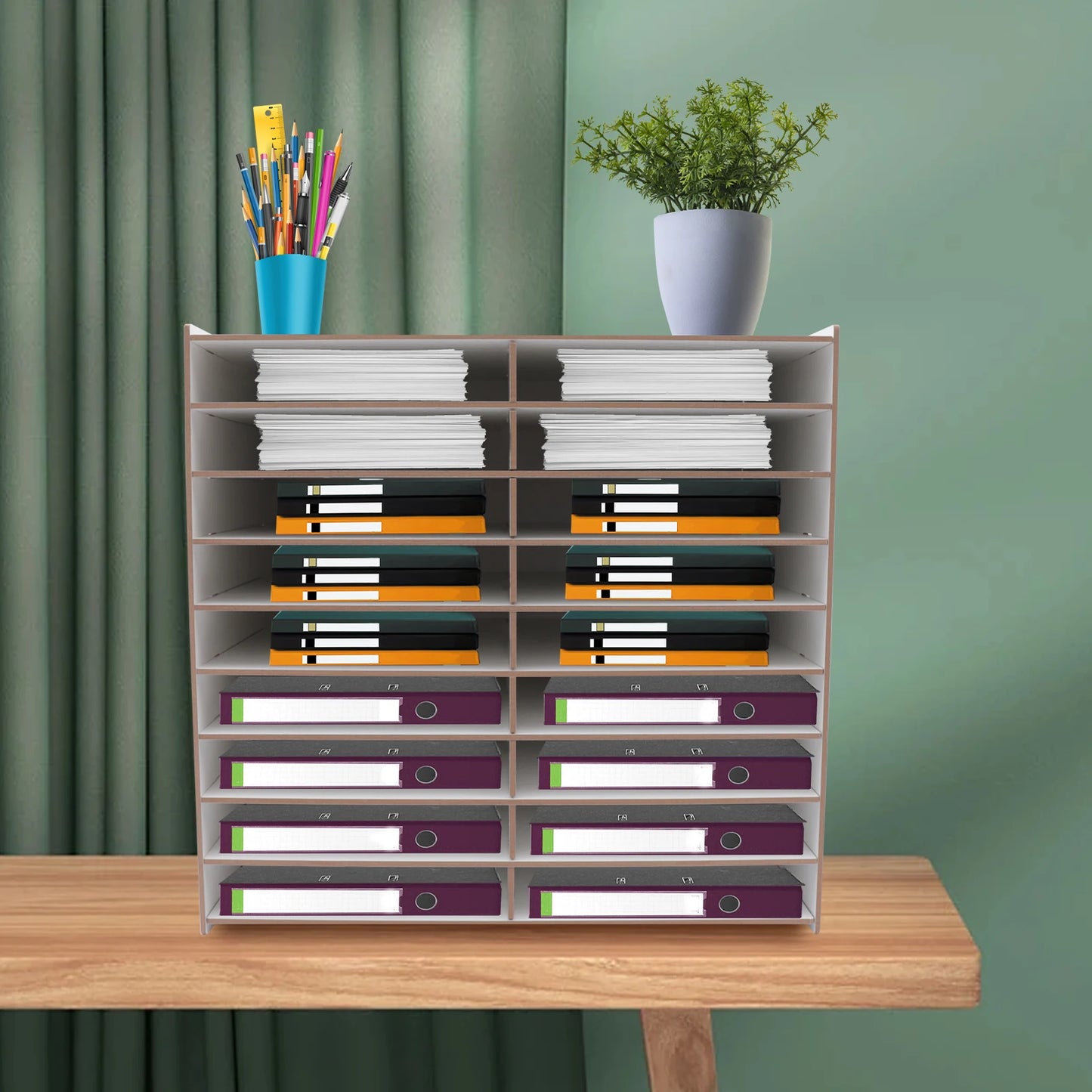 Wooden File Organizer | 18 Compartments | 9-Tier Desk Sorter | 51.8x33x49 cm