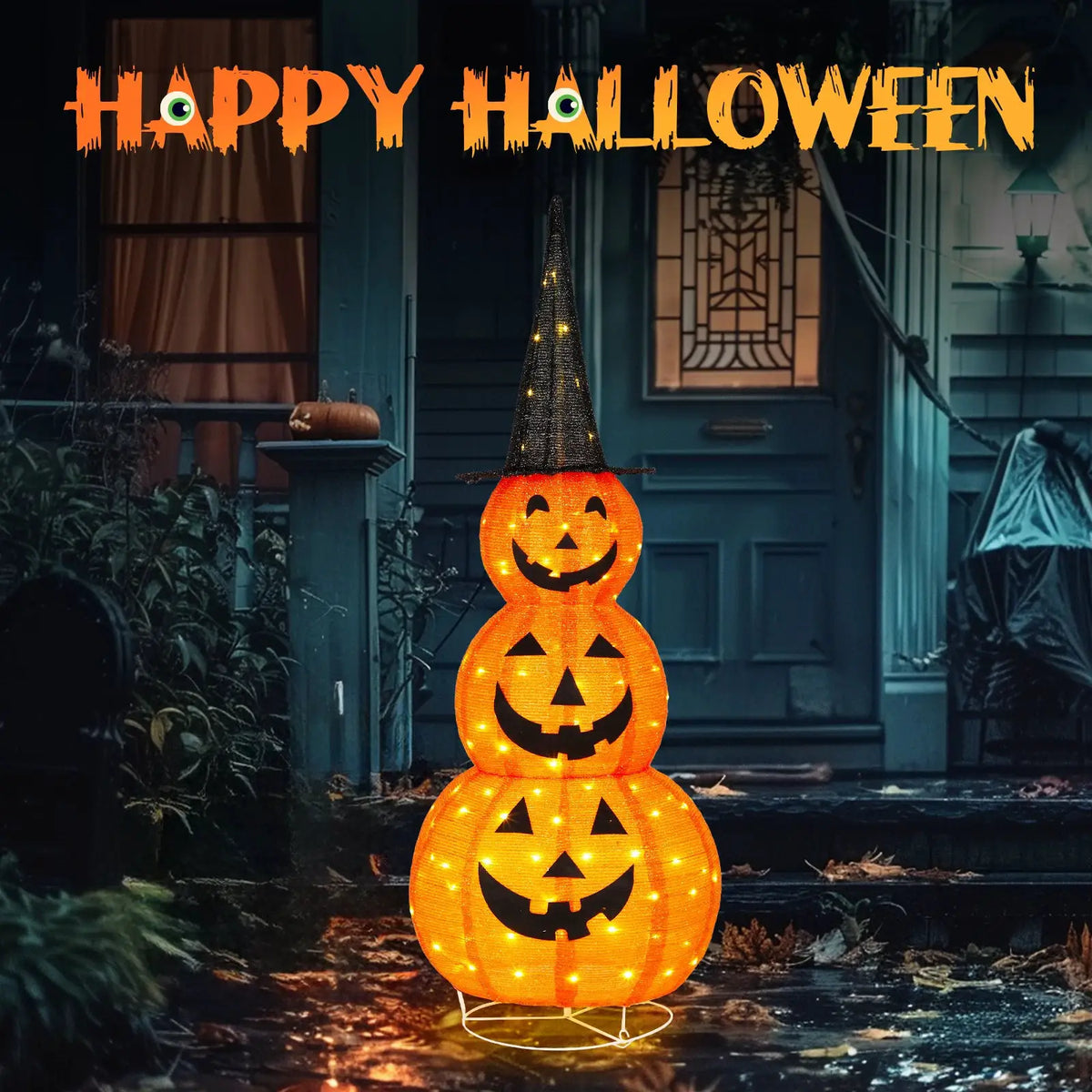 Halloween Pumpkin Decor | 5 Ft Height | 100 LED Lights | Foldable Witch Hat