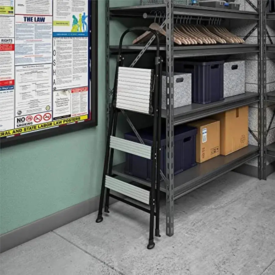 Lightweight Three-Step Folding Step Stool for Home Use - Large Platform One-Hand Release Non-Marring Leg Tips Aluminum and Stee from PriceLows™