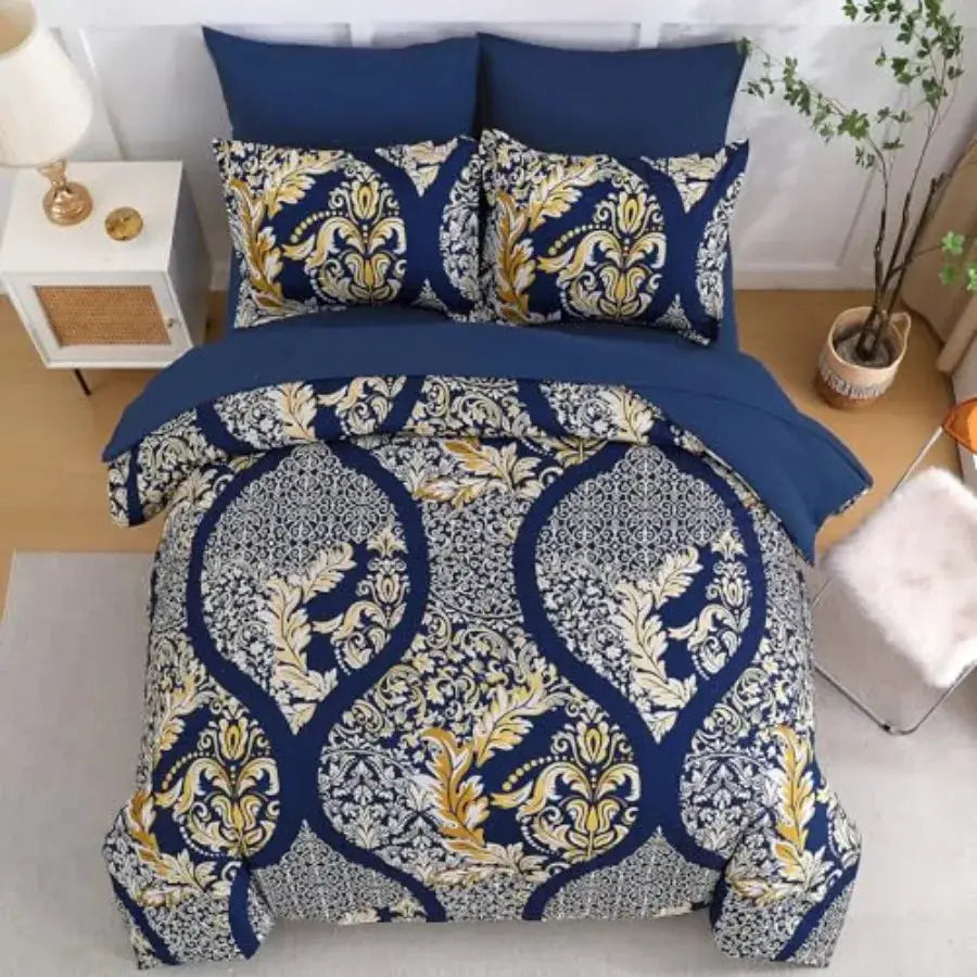 Navy Blue Gold Comforter Set Queen Size 7 Pieces Bohemian Damask Comforter Set Soft Lightweight Microfiber Bedding Set for All from PriceLows™