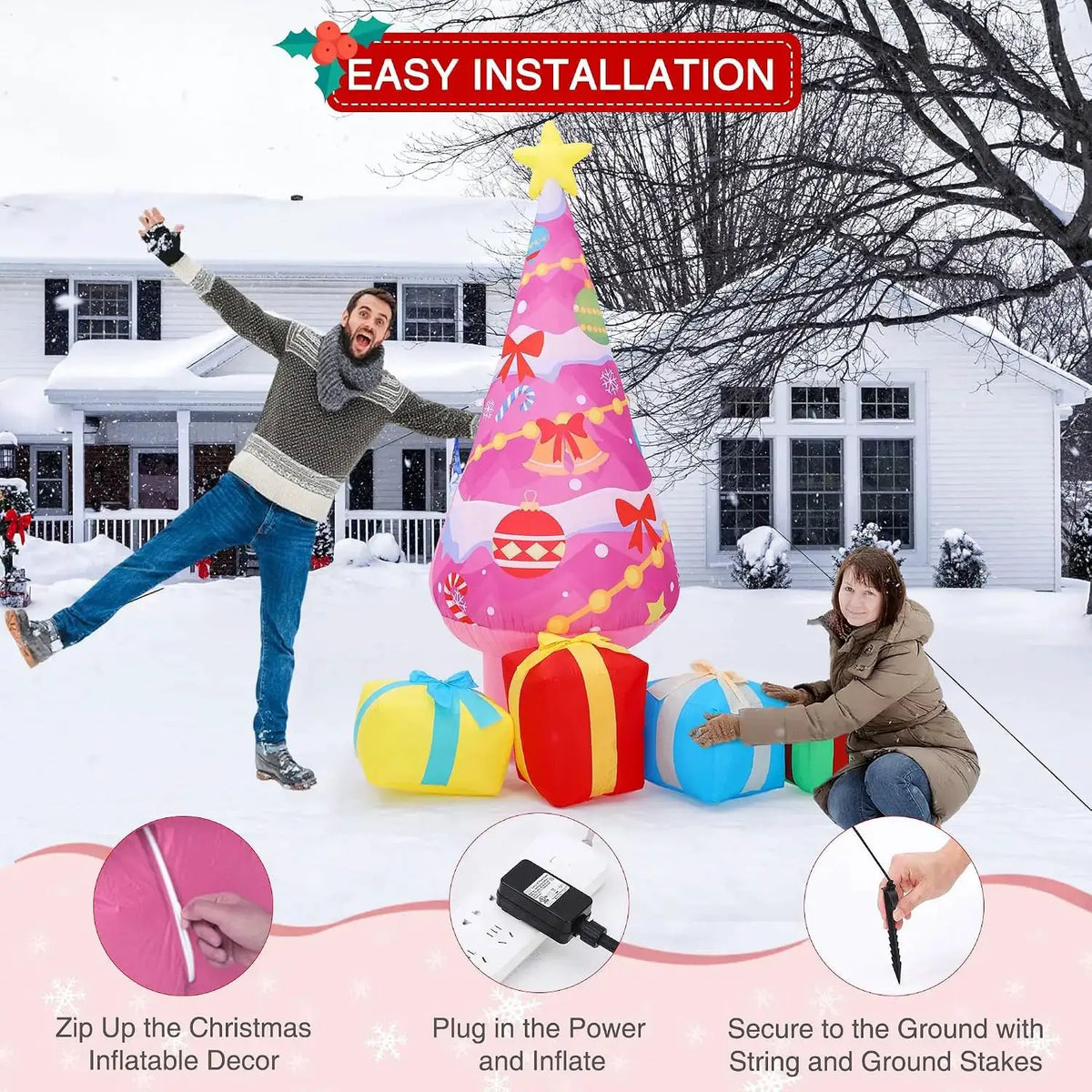 Christmas Tree Inflatables | 7Ft Pink | LED Lights | 4 Gift Box Decor