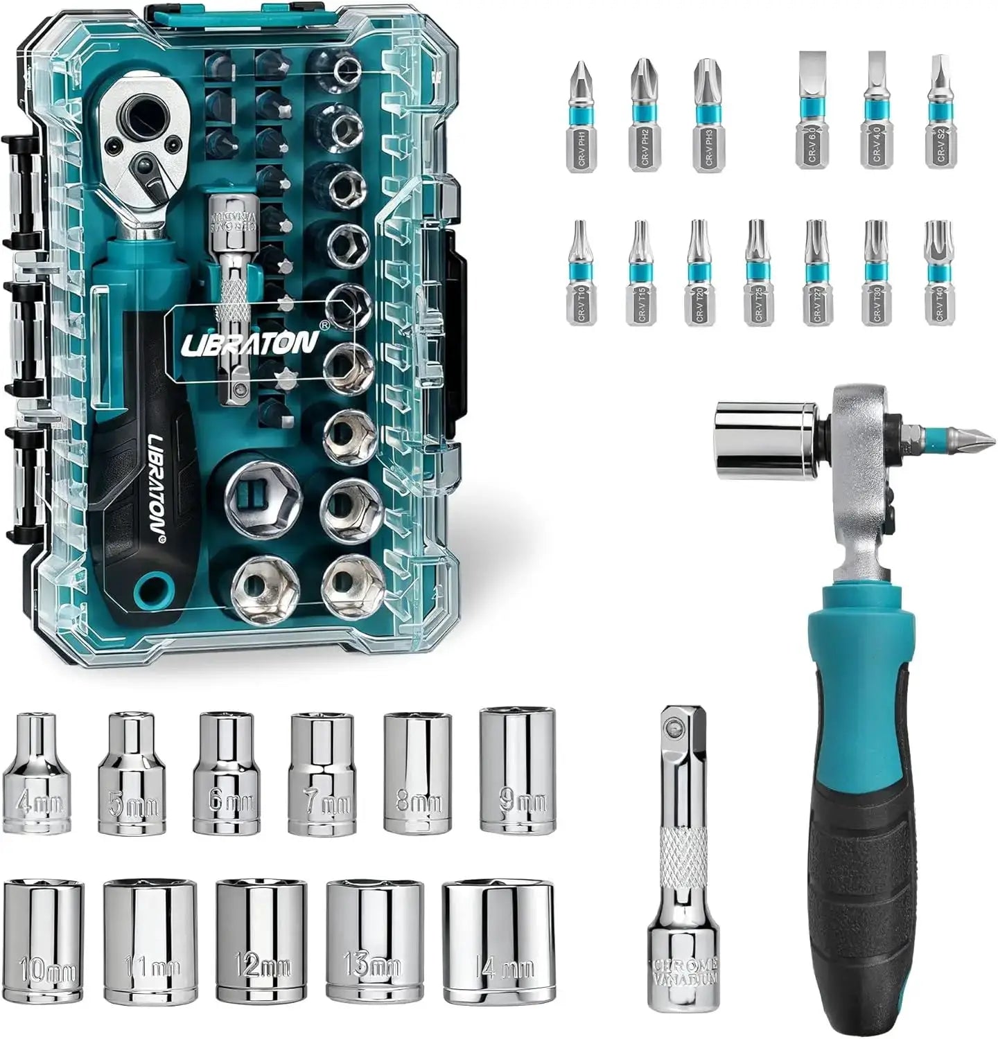LIBRATON 26PCS 1/4" Dual-Drive Ratchet Wrench Set with Metric Shallow Sockets Screwdriver Bit Set Extension Bar for Auto Repair from PriceLows™
