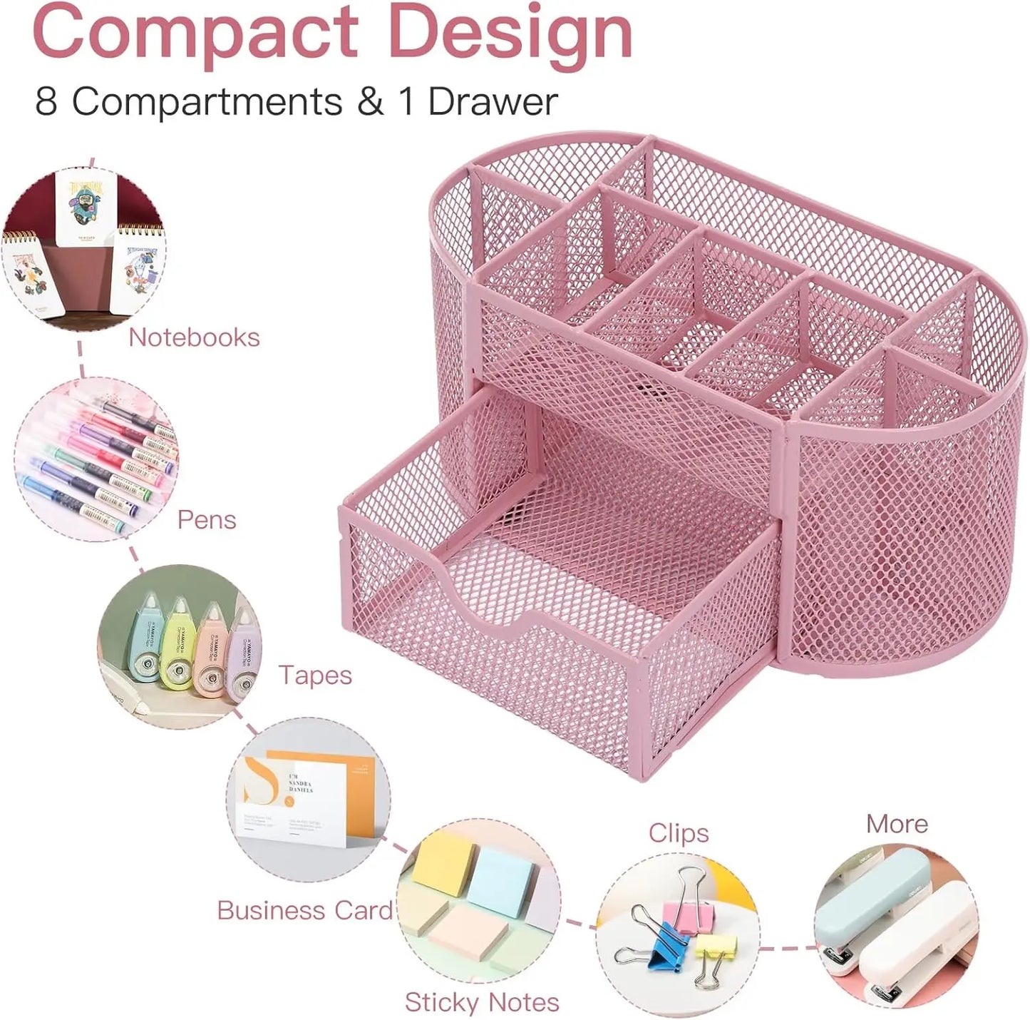 Desk Organizer | Pink Mesh 8 Compartments Drawer | 8.6 x 4.3 x 4.1 in