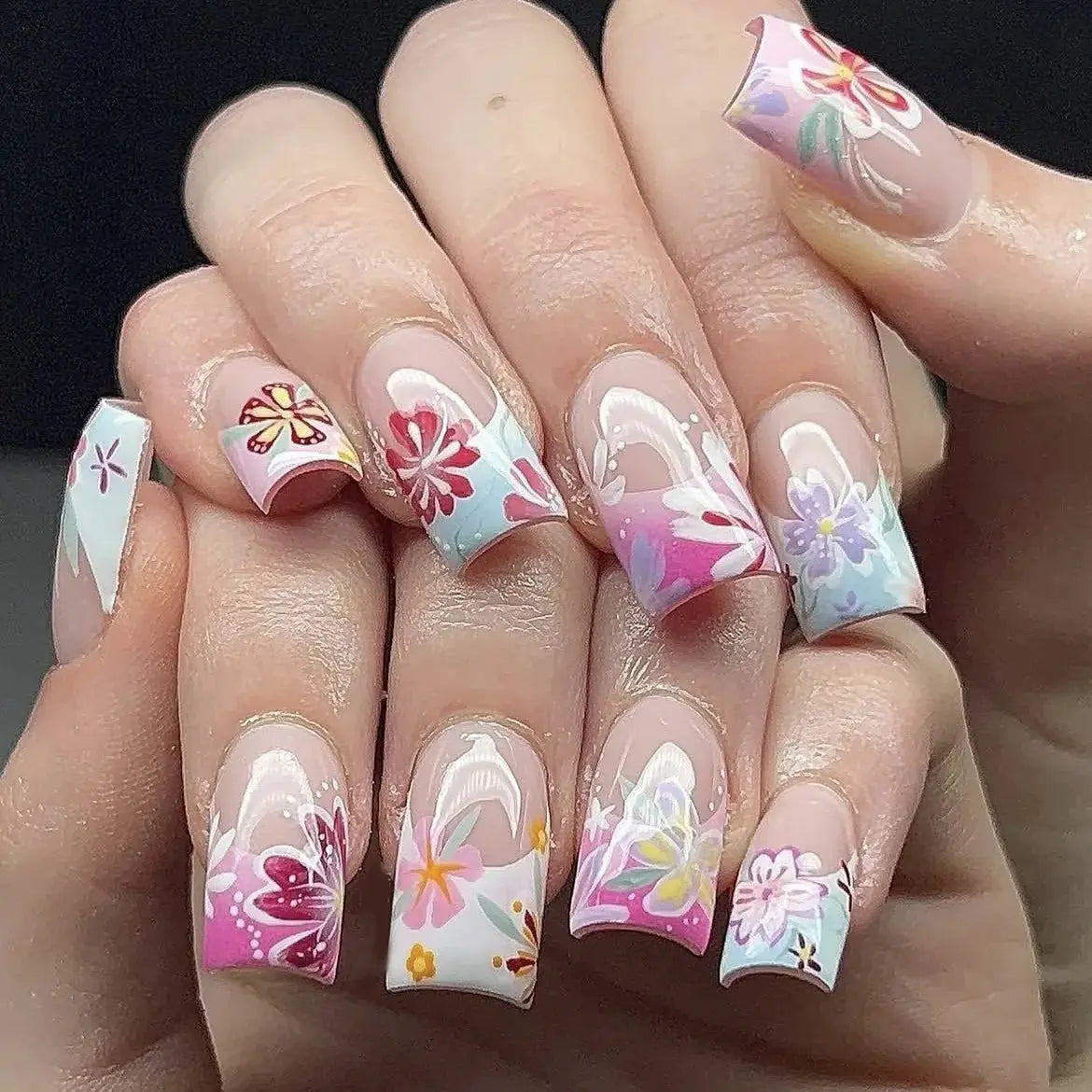Press On Nails | Resin Coffin Shape | French Floral Print | 24 Pieces
