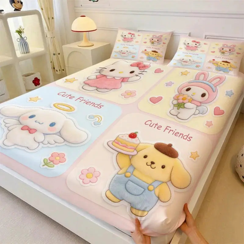 Sanrio Hello Kitty My Melody Cinnamoroll Pompompurin Fitted Sheet Set Kawaii Cute Cartoon Bed Sheet Pillowcases for Girl Bedroom from PriceLows™