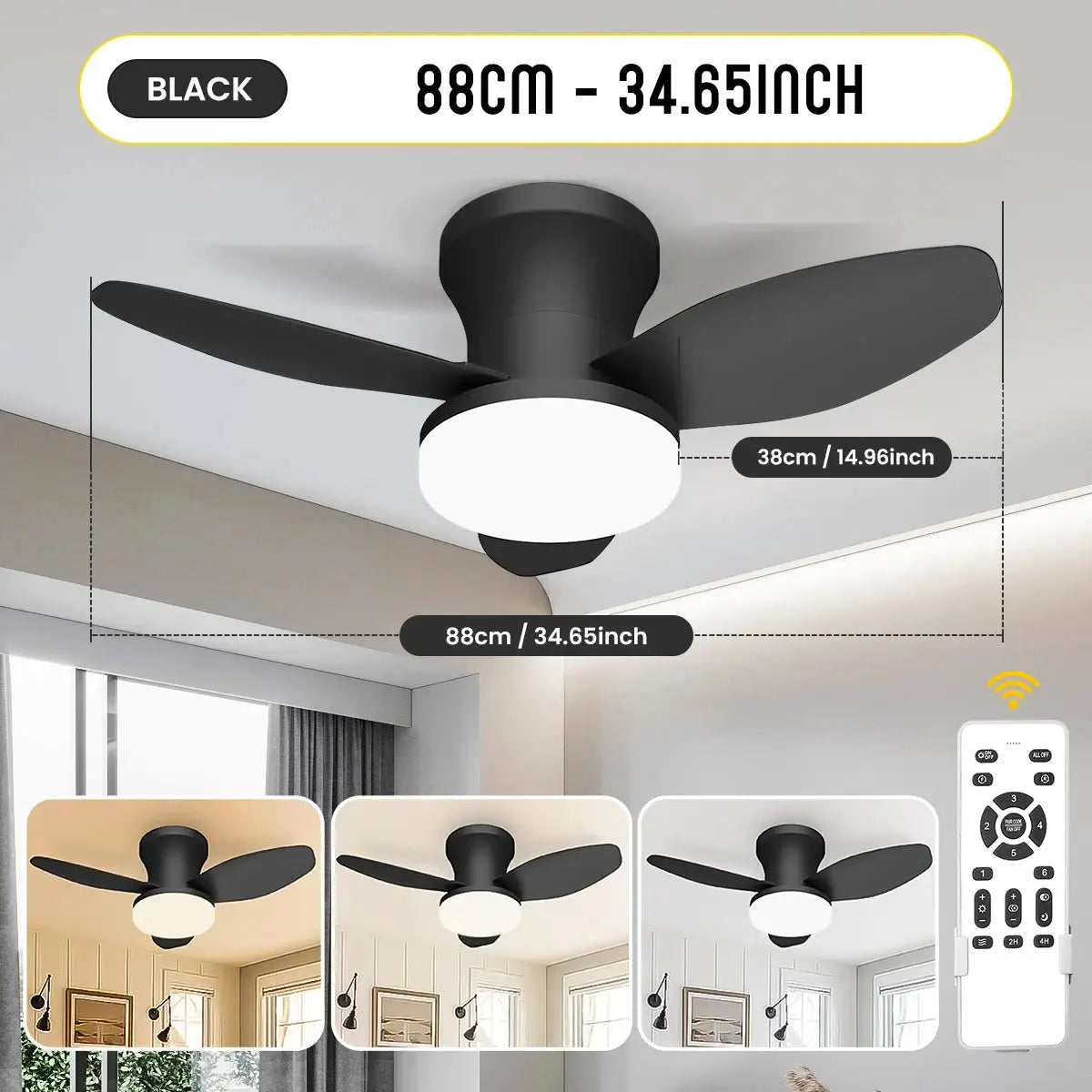 Mexllex Three Leaf Ceiling Fan with Light & Remote Control, 6 Speed, Reversible Noiseless, Dimmable LED Chandelier for Bedroom from PriceLows™