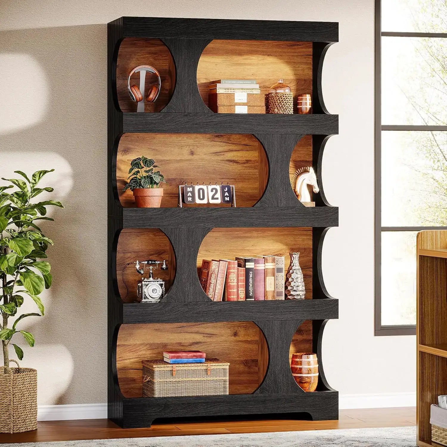 Modern Asymmetrical Bookshelf,Freestanding Display Shelf with Classic Shape,Large Library BookShelf for Living Room, Home Office from PriceLows™