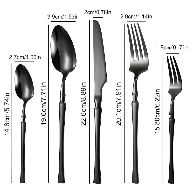 40/60-piece black stainless steel cutlery set, mirror polished, including dinner forks, steak knives, and soup spoons, suitable from PriceLows™