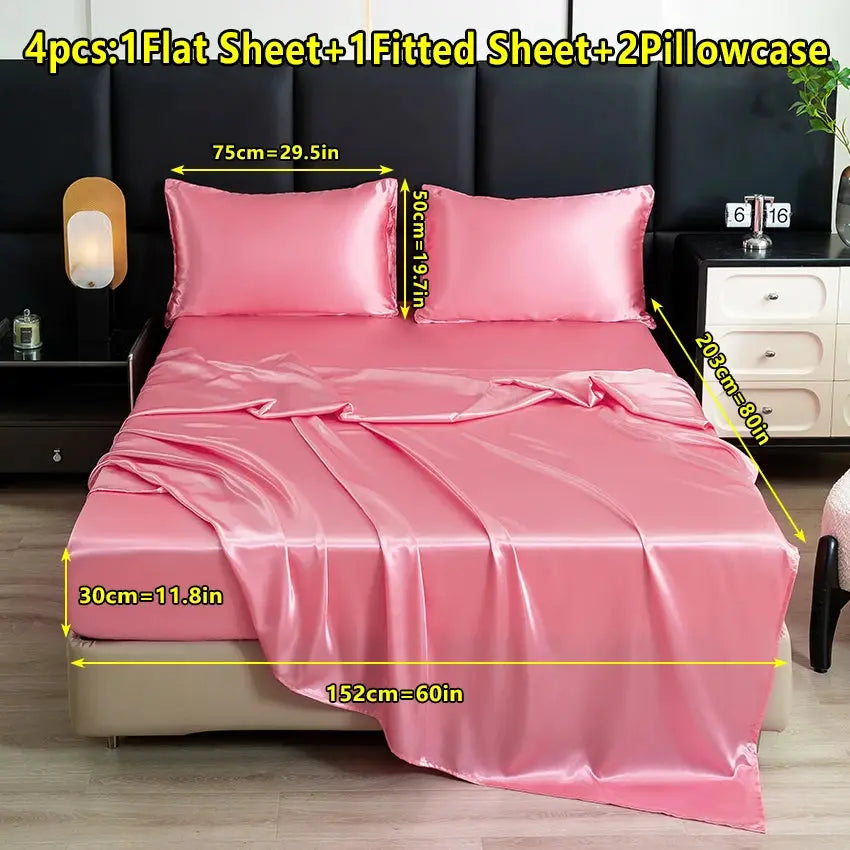 【Mother's Day Gift】4-Piece Set of Solid Color Satin Bed Sheet Set (1 Flat Sheet + 1 Fitted Sheet + 2 Pillowcases), Luxurious and Soft, with a Natural Luster, Skin-Friendly and Breathable Bedding from PriceLows™