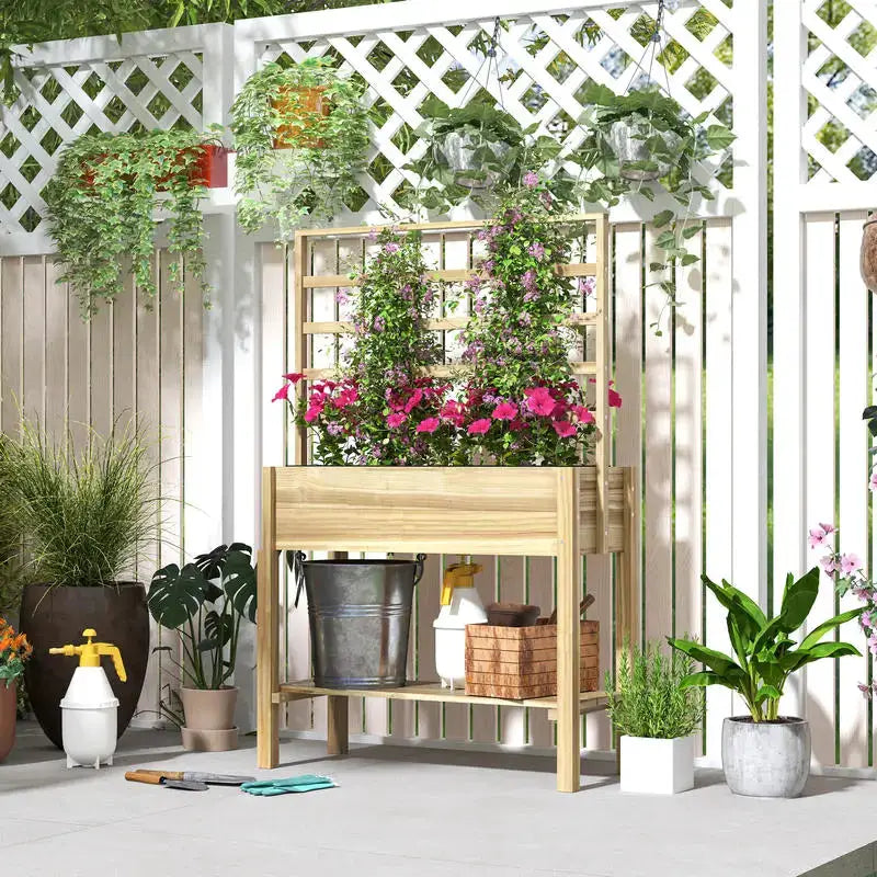 Planter Box with Support Frame,Raised Garden Bed with Support Frame, Equipped with Plant Stand and Shelves, Made of Wood-88 X 37 X 137 Cm from PriceLows™