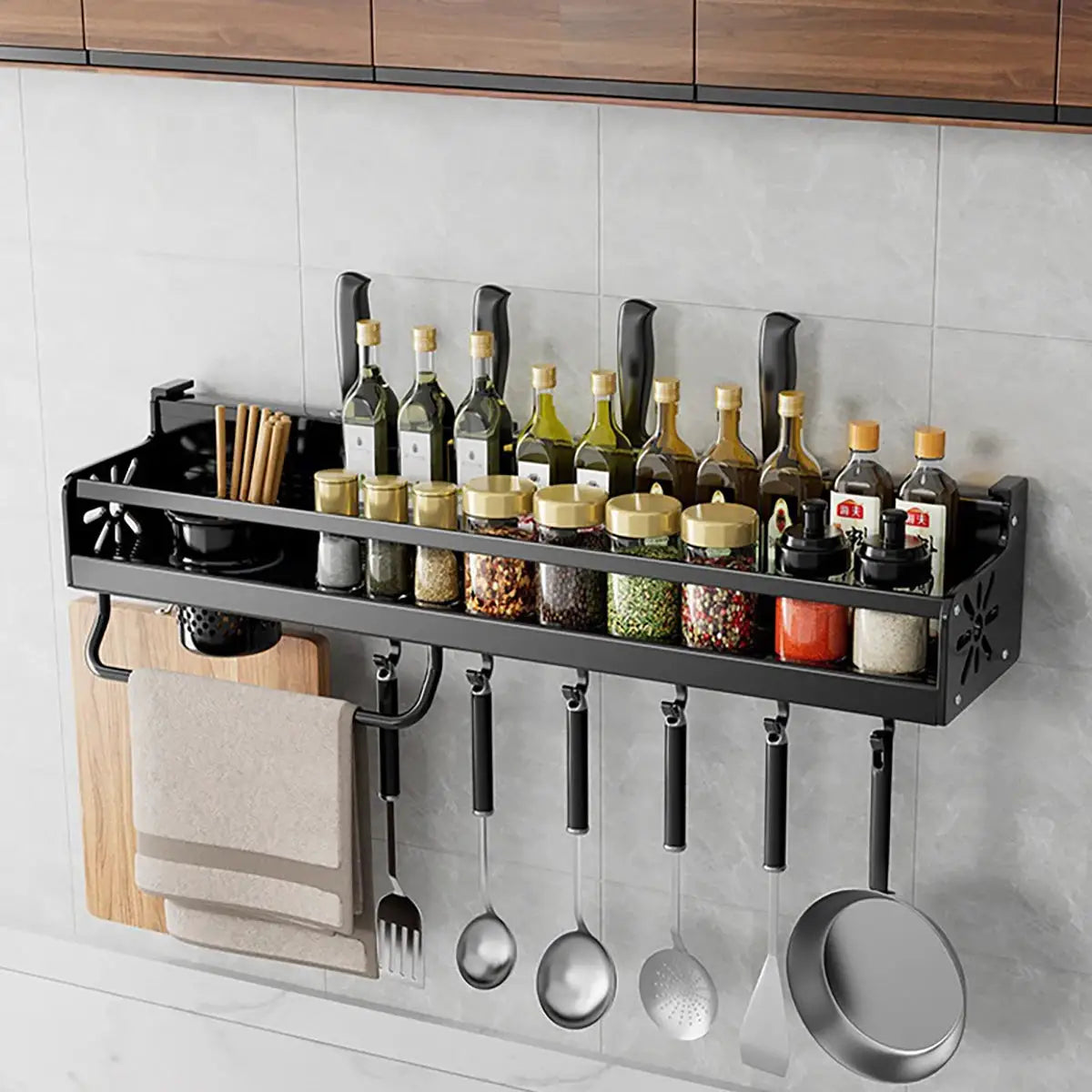 Metal Kitchen Shelf No-Punch Large Capacity Storage Kitchen Utensils Skeletonized Drainage Design Easy to Clean Black from PriceLows™