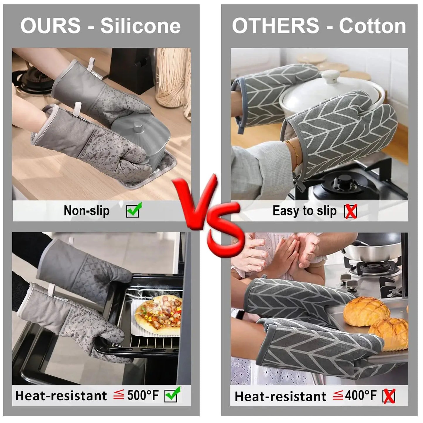 Oven Mitts | High Heat 500F | Non Slip Silicone | 7x13in Gray (2 Pcs)