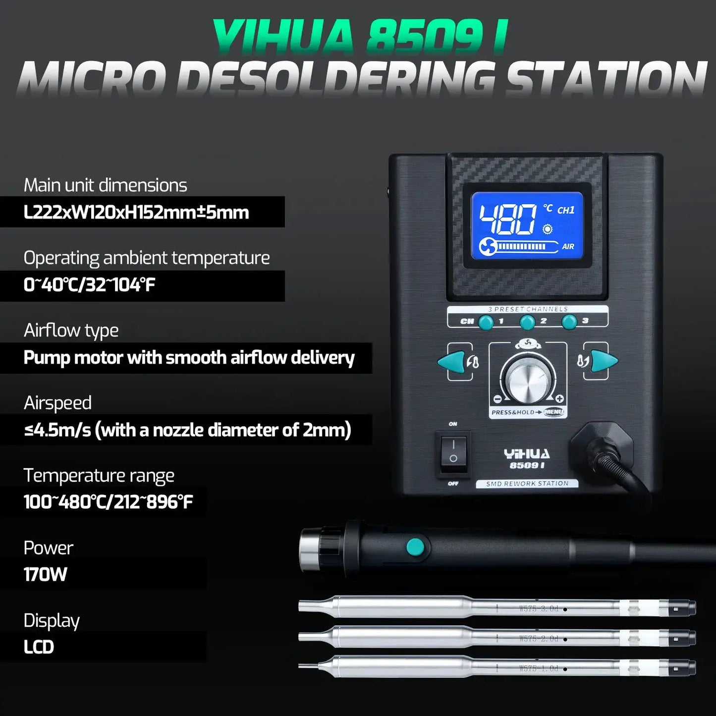 YIHUA 8509-I Micro Hot Air Gun Soldering Station with 0.5/3.5/3/2.5/2 mm Nozzle Temperture Adjustable BGA Rework Station from PriceLows™
