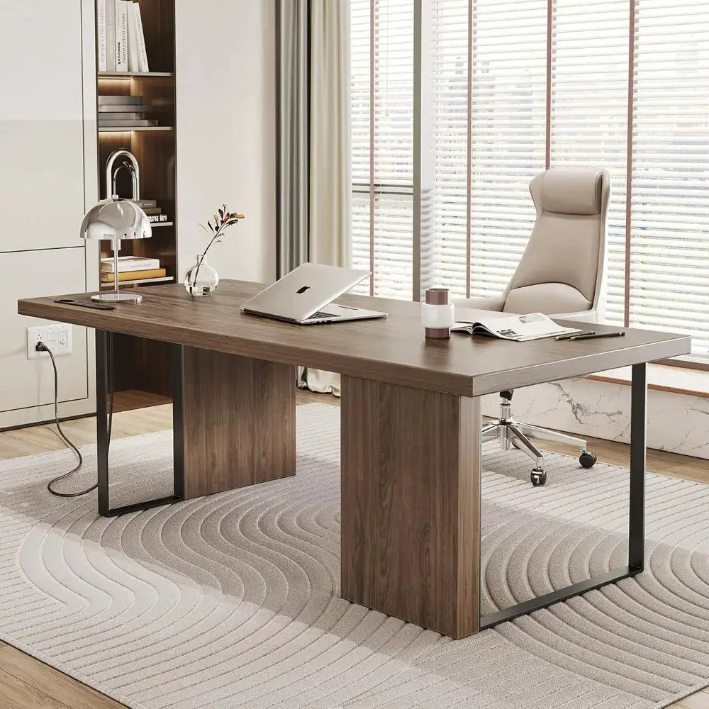 60-Inch Modern Desk, Wooden Computer Executive Desk with Built-in Power Outlet and Large Tabletop Workstation Writing Table Stud from PriceLows™