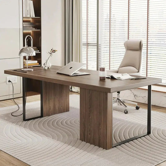 60-Inch Modern Desk, Wooden Computer Executive Desk with Built-in Power Outlet and Large Tabletop Workstation Writing Table Stud from PriceLows™