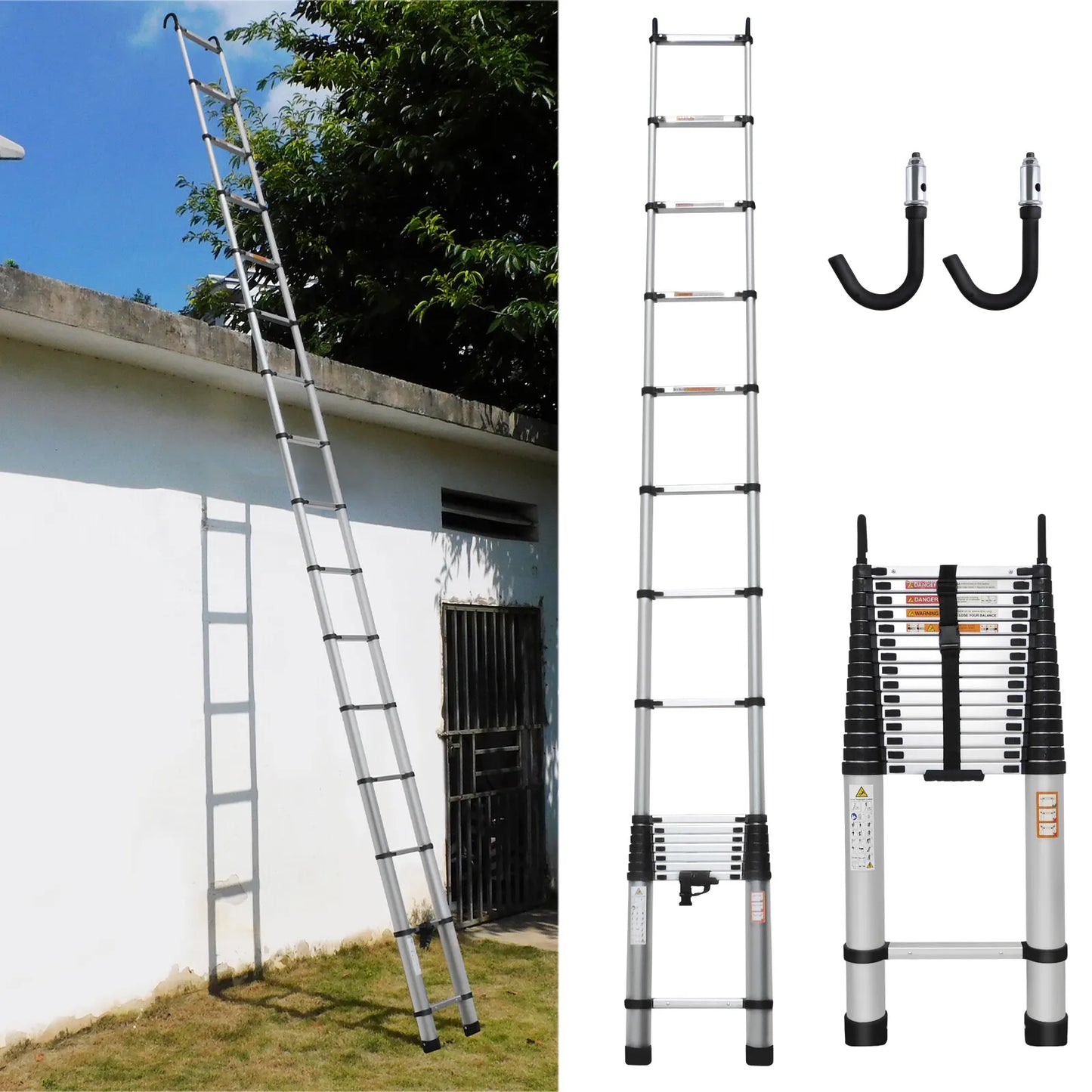 BRIEFNESS 6.2M/20.3FT Multi-Purpose Aluminium Telescopic Ladder W/Detachable Hooks&Extendable Steps,load capacity 150kg,No-slip from PriceLows™