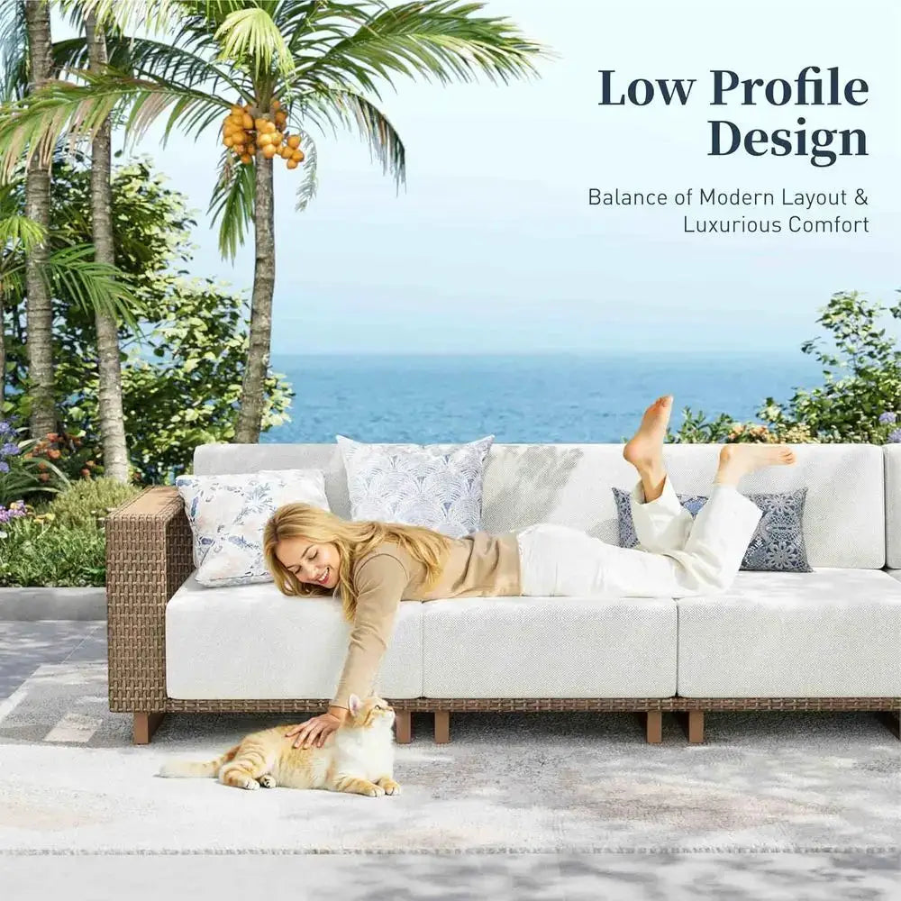 L-Shaped Outdoor Sectional Sofa with Thick Cushions, Yellow Wicker Patio Furniture Set for Lawn and Garden from PriceLows™