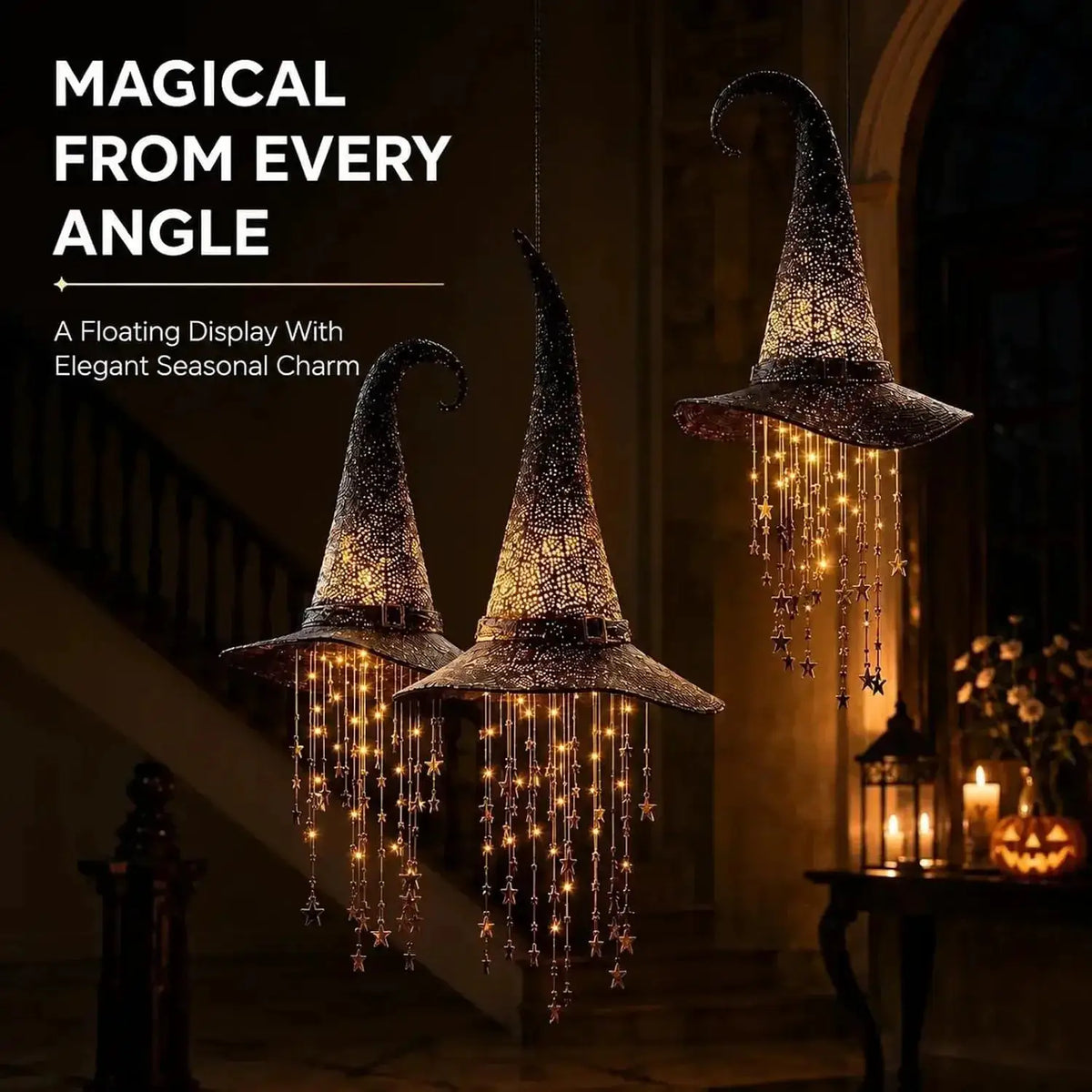 Lighted Witch Hat Hanging Chime | Halloween Outdoor Decor | Mesh Star Cascade