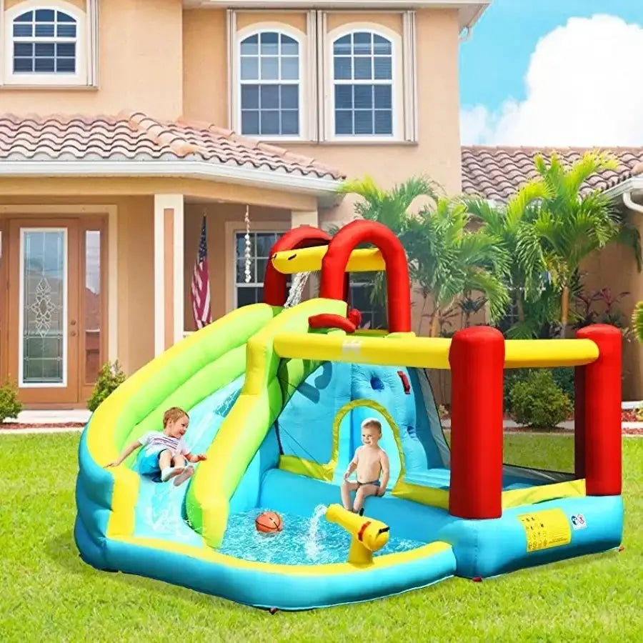 Inflatable Water Slide Bounce House, 6 in 1 Water Bouncy Castle w/Splash Pool, Climbing Wall, Water Slides Inflatables for,Blow from PriceLows™