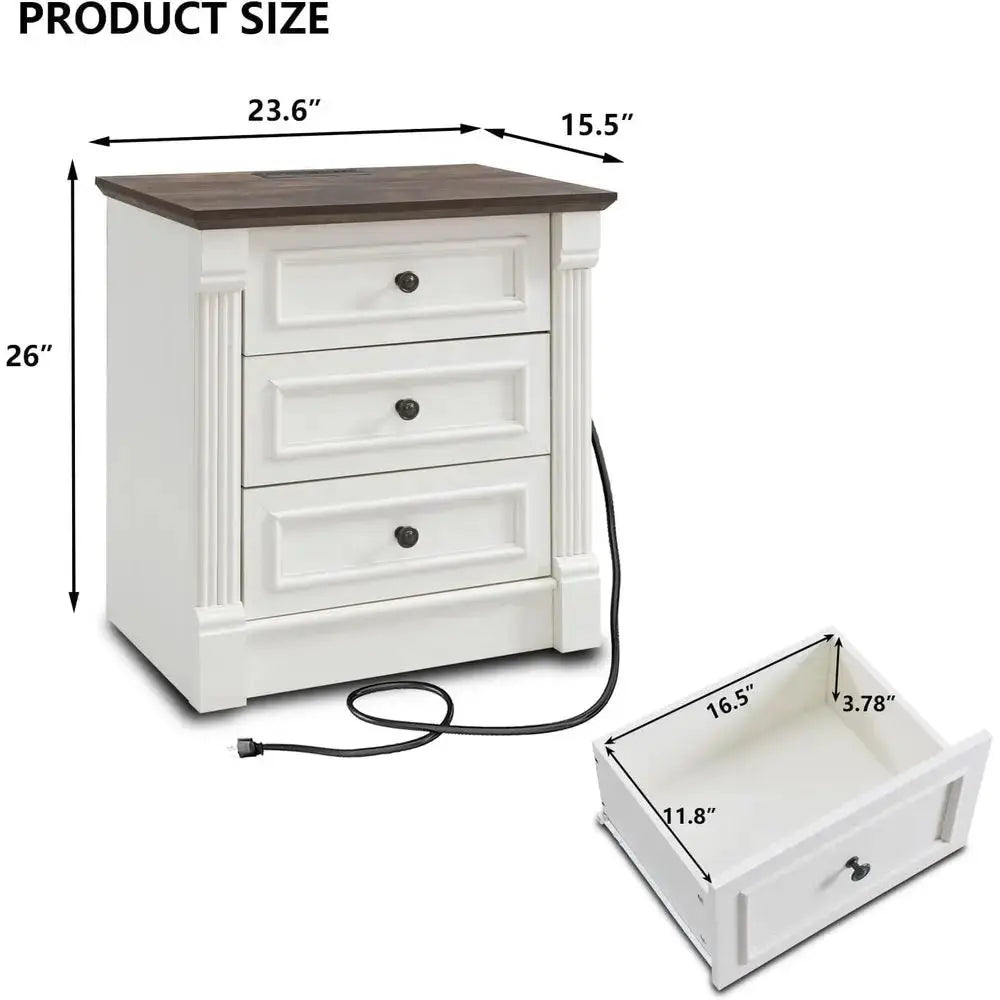 26 High Nightstand with Charging Dock, 23.6 Wide End Table with Column, Rustic Wooden Side Table with Metal Handle, Suitable for from PriceLows™