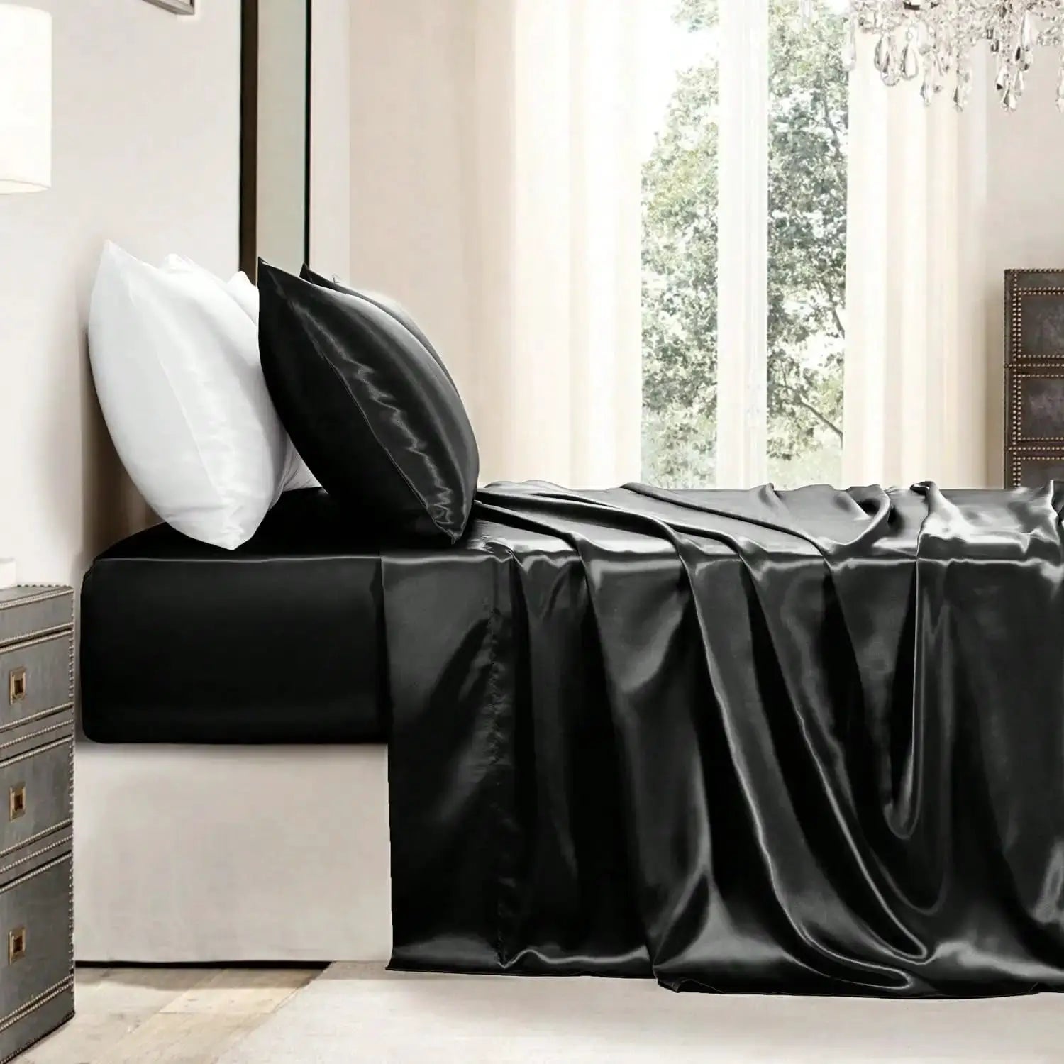 3/4Pcs Satin Sheet Se Silky & Luxury Bed Set, Soft Deep Pocket Sheets Cooling Bed Set, 1 Fitted Sheet,1 Flat Sheet,1/2Pillowcase from PriceLows™