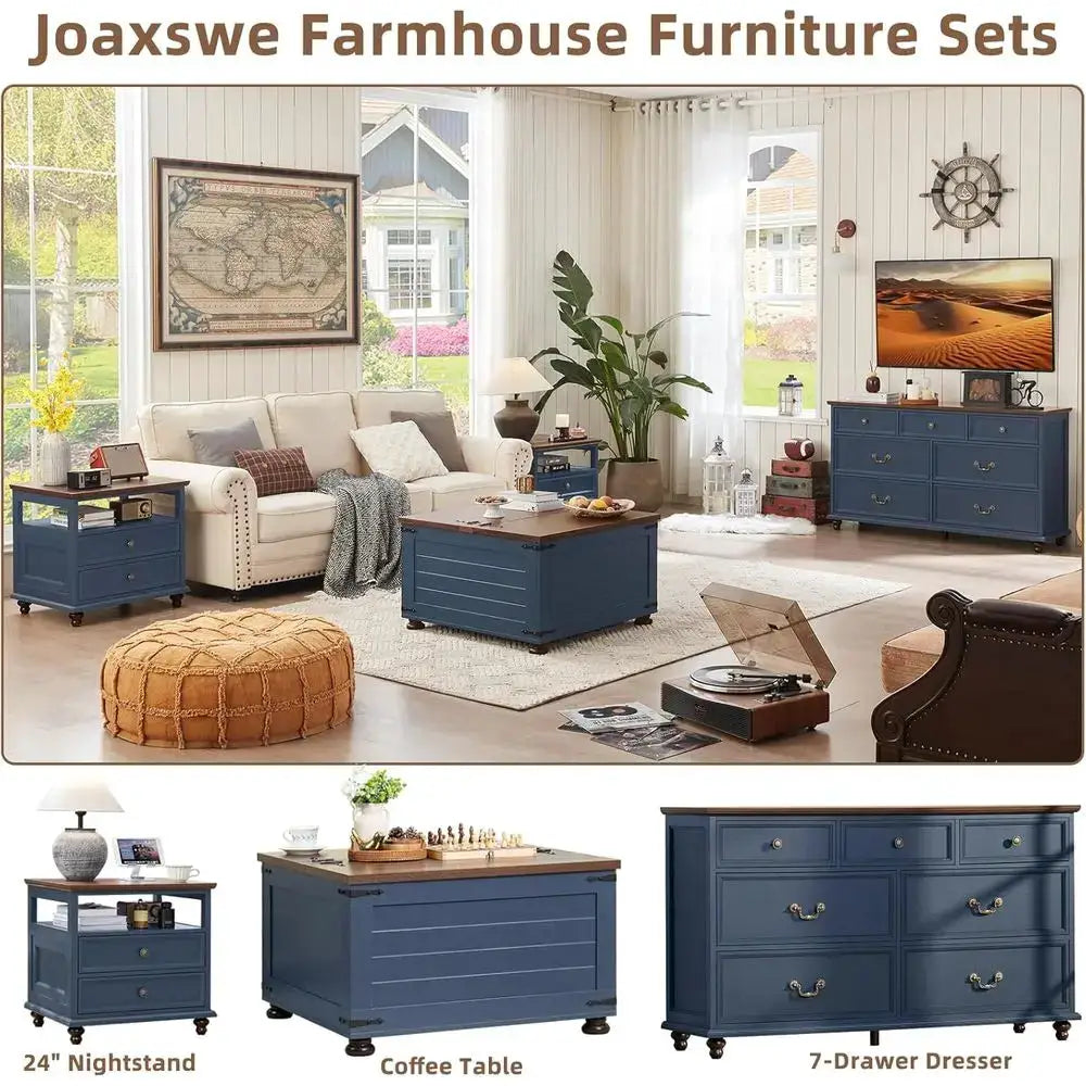24 Wide Armhouse Nightstand, Large End Table with 2 Drawers and Metal Handle, Wood Drawer or Bedroom, Blue Bedside Table Chest o from PriceLows™