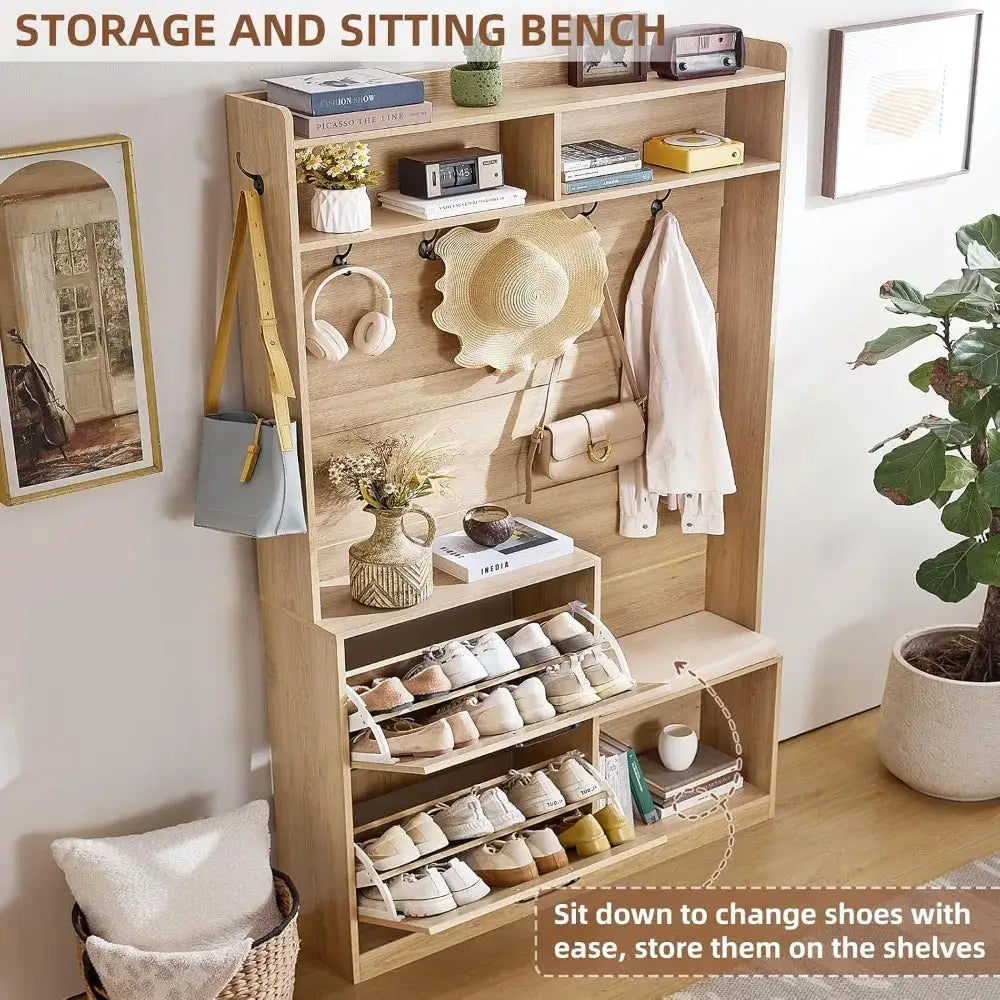 78" Tall Boho Hall Tree with Bench & Shoe Storage, 4-in-1 Mudroom Rattan Coat Rack with 2 Flip Drawers & Cushioned Stool, Entryway Hall Tree Cabinet with 6 Hooks for Garage, Natural Oak from PriceLows™