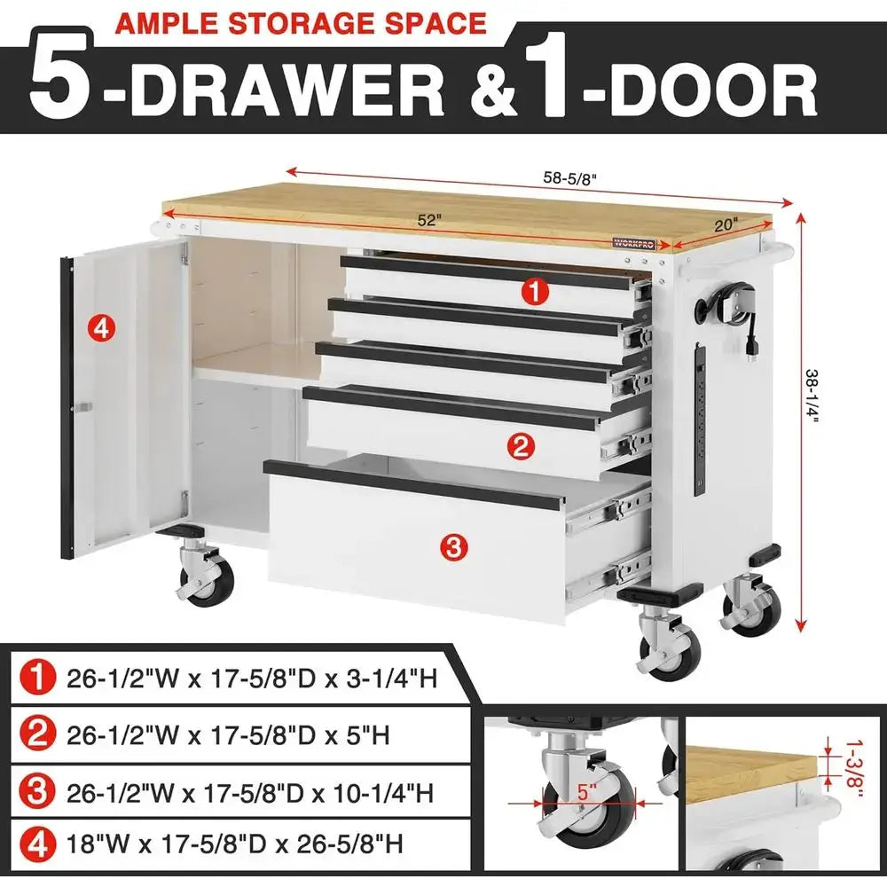 52 Heavy-Duty 5-Drawer & 1-Door Rolling Tool Chest, Lockable, 1000 lbs Capacity, with Power Strip for Home & Garage from PriceLows™