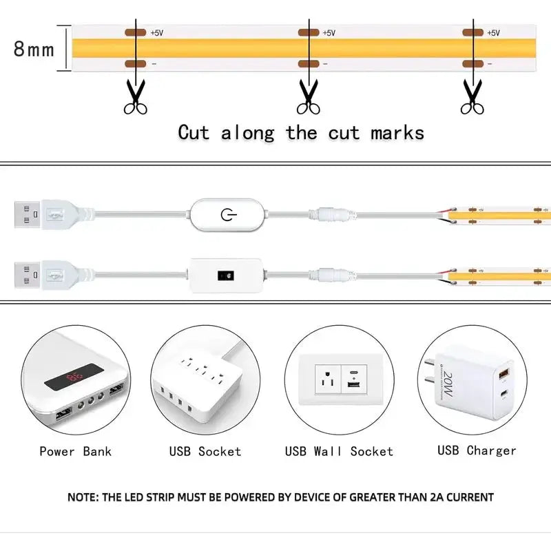 1m-5m USB COB LED Strip Light 5V 320LEDs/m DIY TV Mirror Backlight Flexible Ribbon Tape Touch Sensor Dimmable Kitchen Room Lamp from PriceLows™