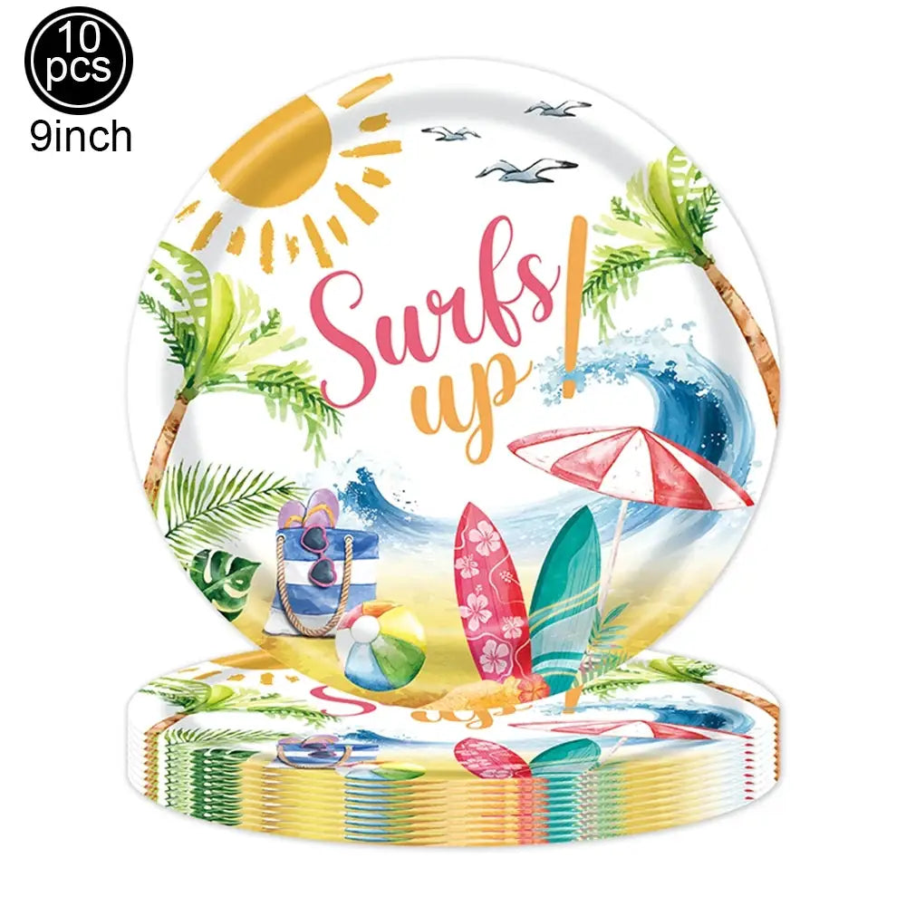 Surf Beach Party Tableware | Paper Plates Napkins Cups | Tattoos And Snack Tray