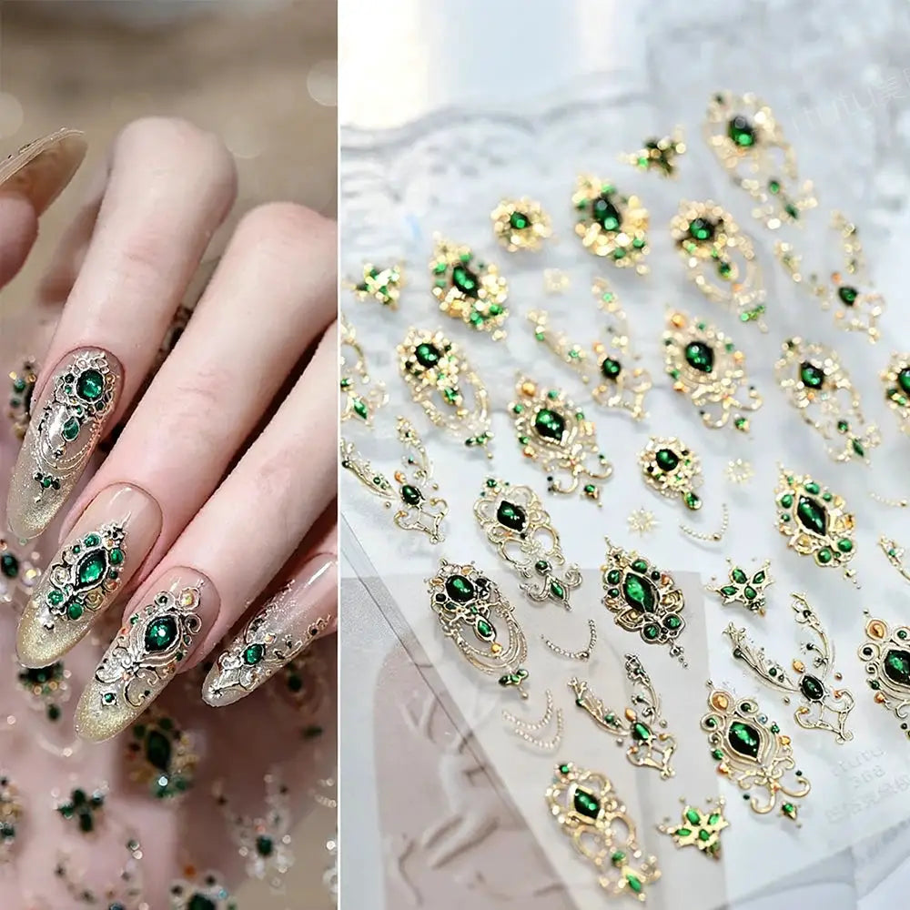 5D Embossed Emerald Gemstones Nail Art Stickers Luxury Golden Frame Baroque Flower Nail Decals Green Rhinestones Nail Supplies from PriceLows™