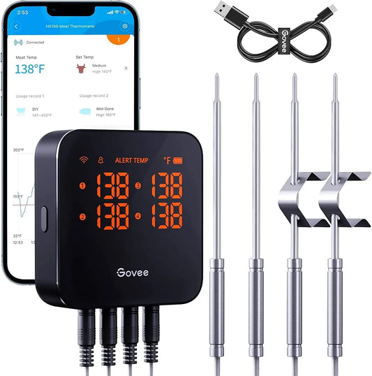Smart WiFi Meat Thermometer with 4 Probes, Wireless Bluetooth Food Thermometer for BBQ Grill Oven, Rechargeable, App Alerts from PriceLows™